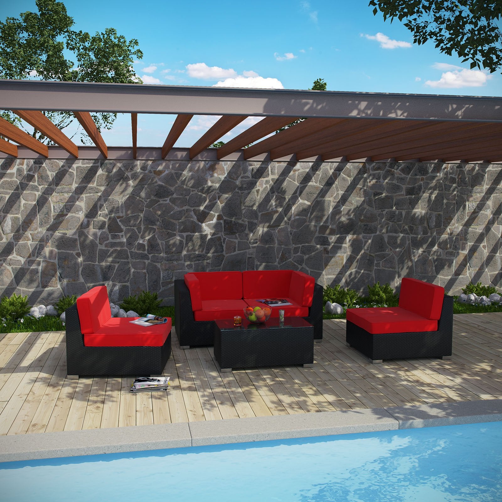 Modway Camfora Outdoor Wicker Patio 5 Piece Sofa Set in Espresso with Red Cushions