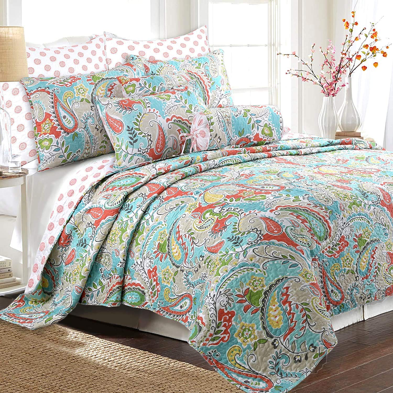 Cozy Line Home Fashions Turquoise Blue Coral Floral Leaf Reversible Quilt Bedding Set, Coverlet Bedspread Lightweight for All Se