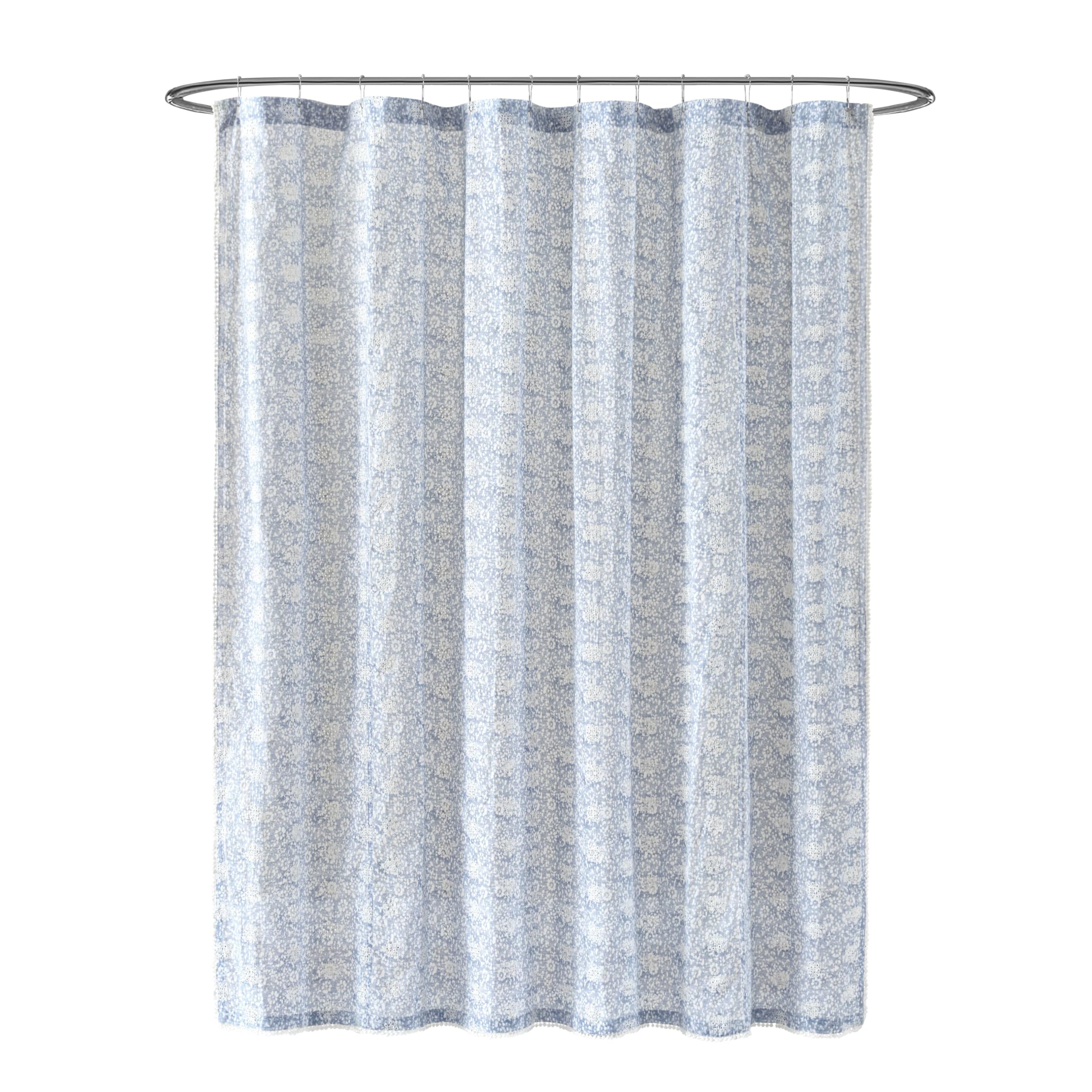 Peri Home 100% Cotton Fabric Shower Curtain for Bathroom, 72 x 72 inches, Blue Ikat Eyelet