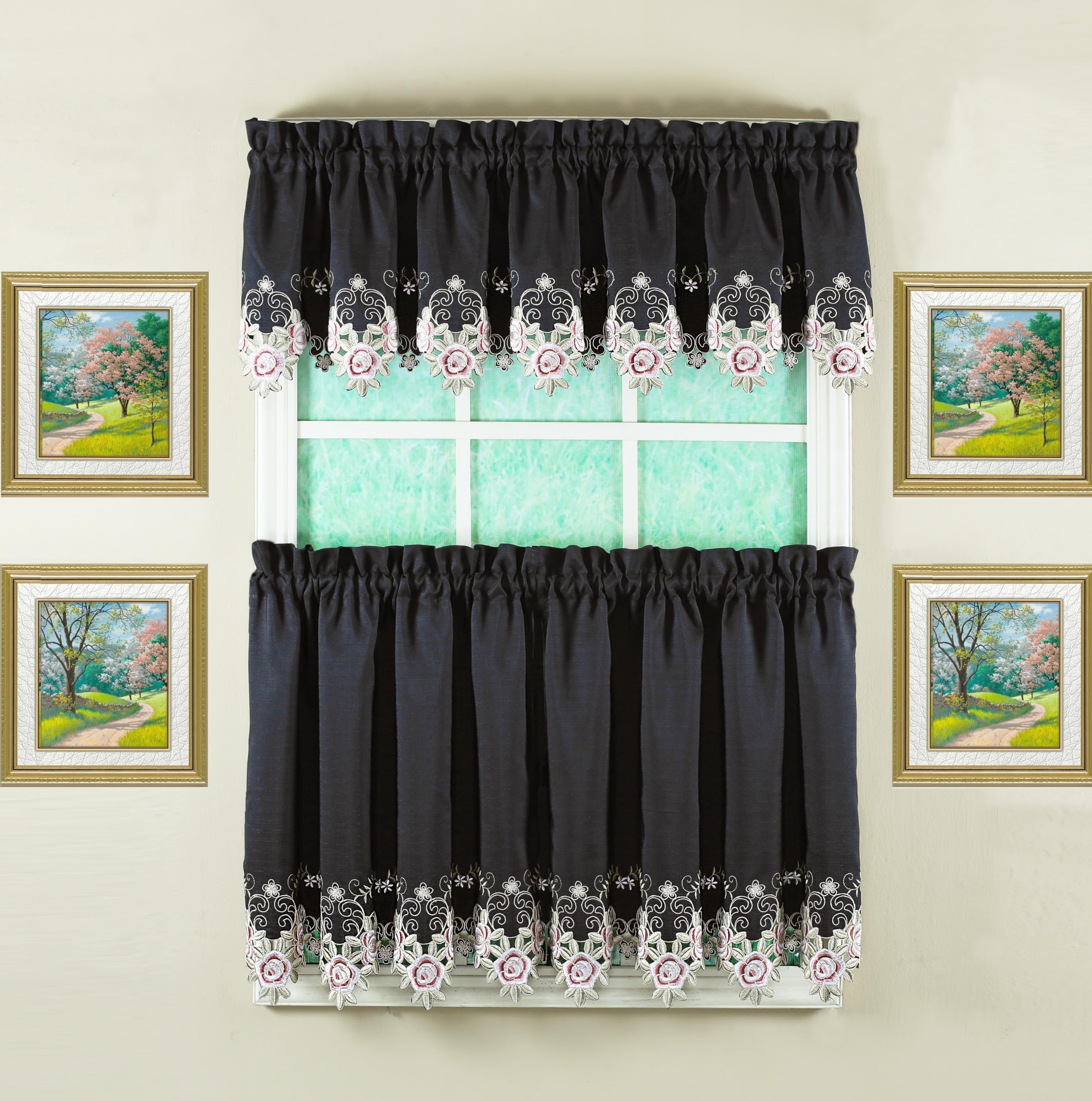 Todays Curtain Verona Reverse Embroidery Tier, 30, Black/Rose, 60 W X 30 L