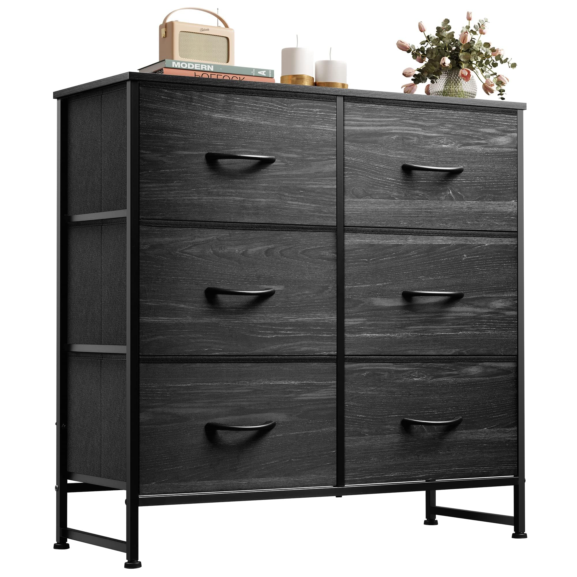 WLIVE Black Dresser for Bedroom, 6 Drawer Double Dresser, Fabric Storage Tower with Fabric Bins, Chest of Drawers for Closet, Li