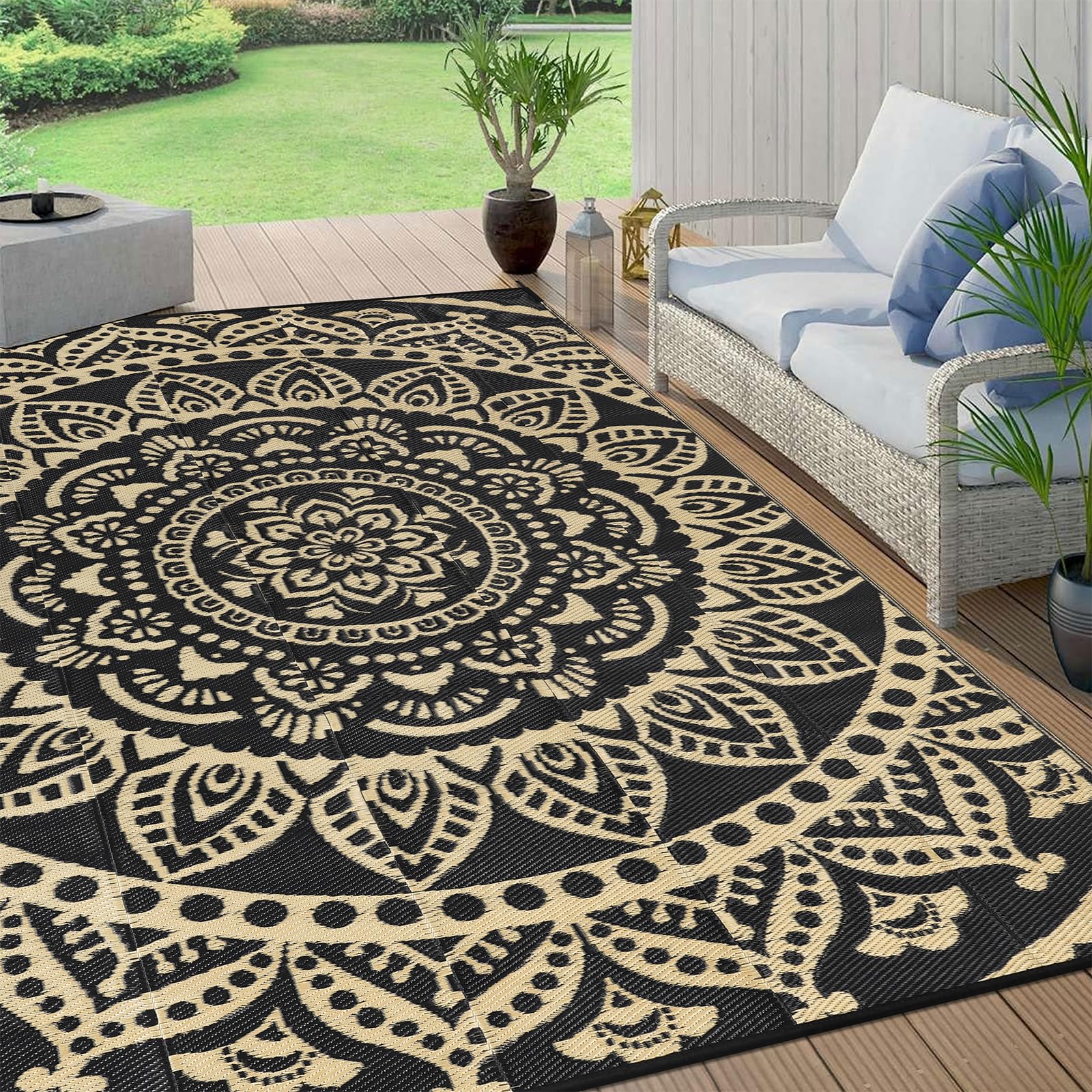 Bsmathom Waterproof Outdoor Rug 9x12ft Large Reversible Boho Plastic Straw Patio Deck Camping Rugs, Indoor Outdoor Portable RV M