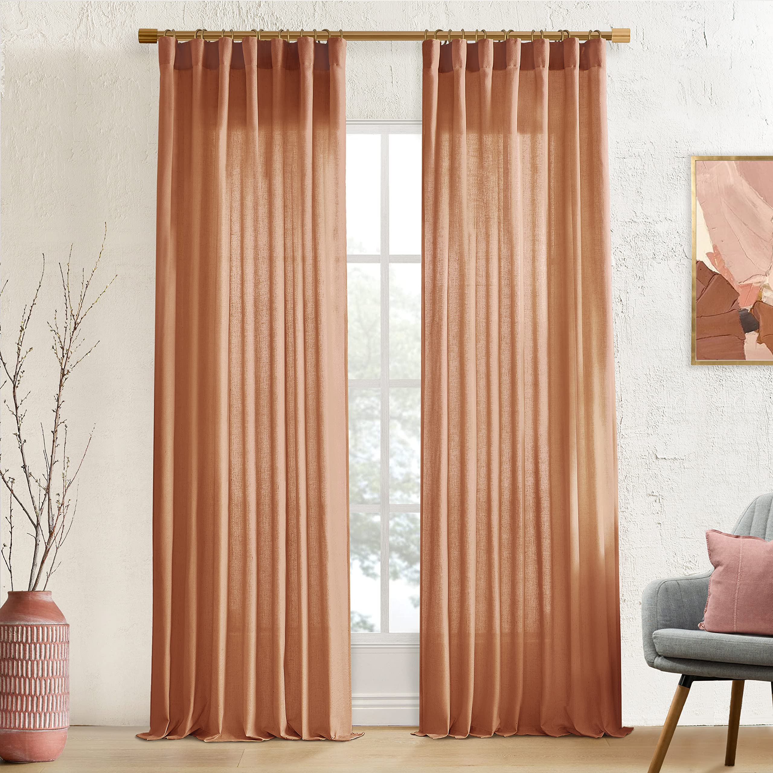 XTMYI Bohemian Rustic Curtains for Living Room Decor 2 Panel Set Linen Cotton Sheer Back Tab Hooks Pleated Fall Curtains for Bed