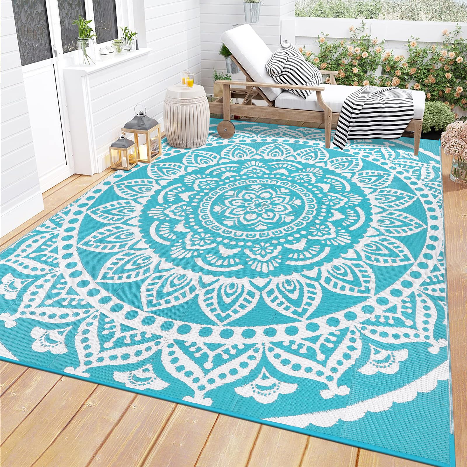 Bsmathom Waterproof Outdoor Rug 8x10 Reversible Boho Plastic Straw Patio Deck Camping Rugs, Indoor Outdoor Portable RV Mat Cle