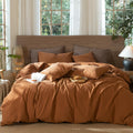MooMee Wavy Striped Duvet Cover Set 100% Washed Cotton Linen Like Textured Breathable Durable Soft Comfy (Dark Orange, King)