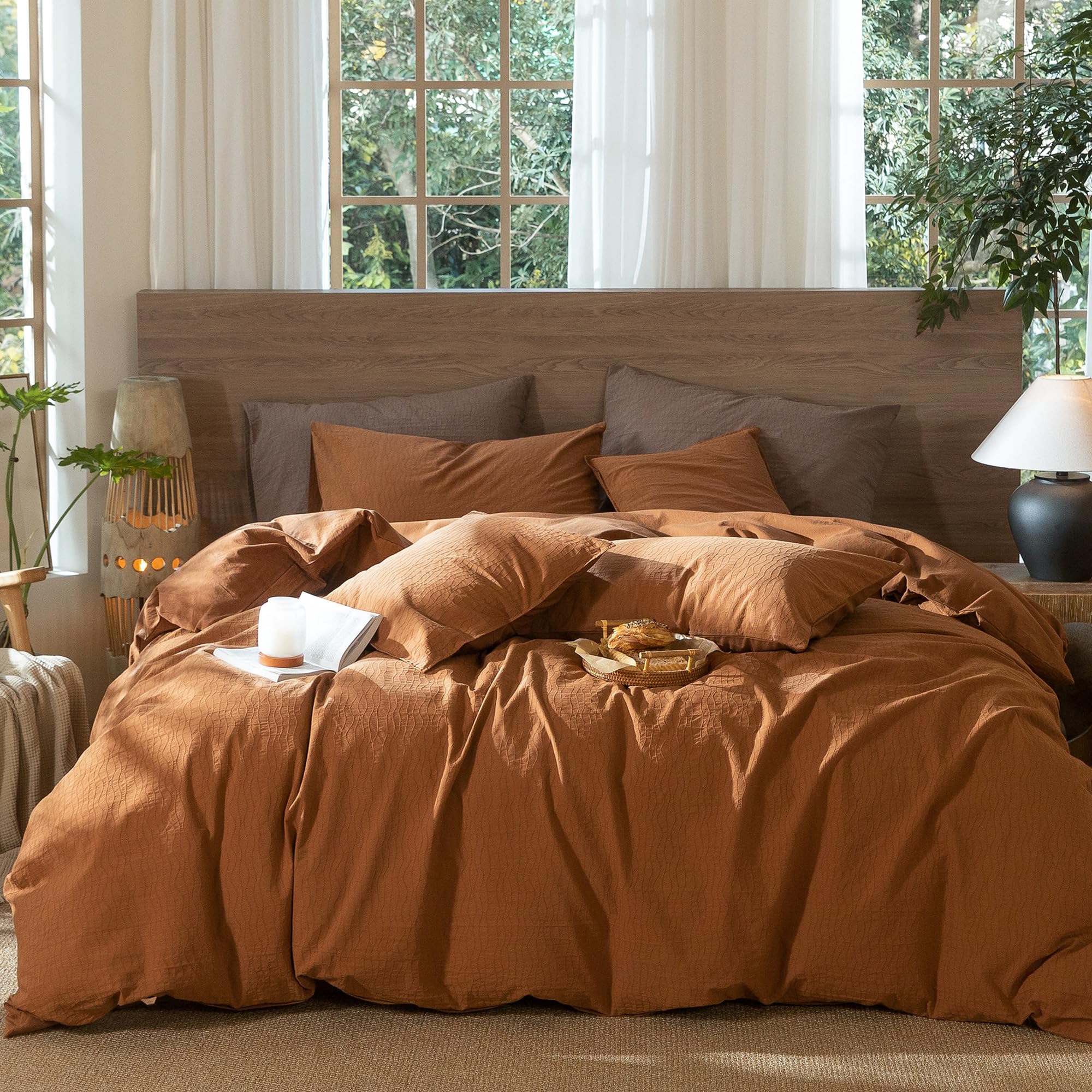 MooMee Wavy Striped Duvet Cover Set 100% Washed Cotton Linen Like Textured Breathable Durable Soft Comfy (Dark Orange, King)