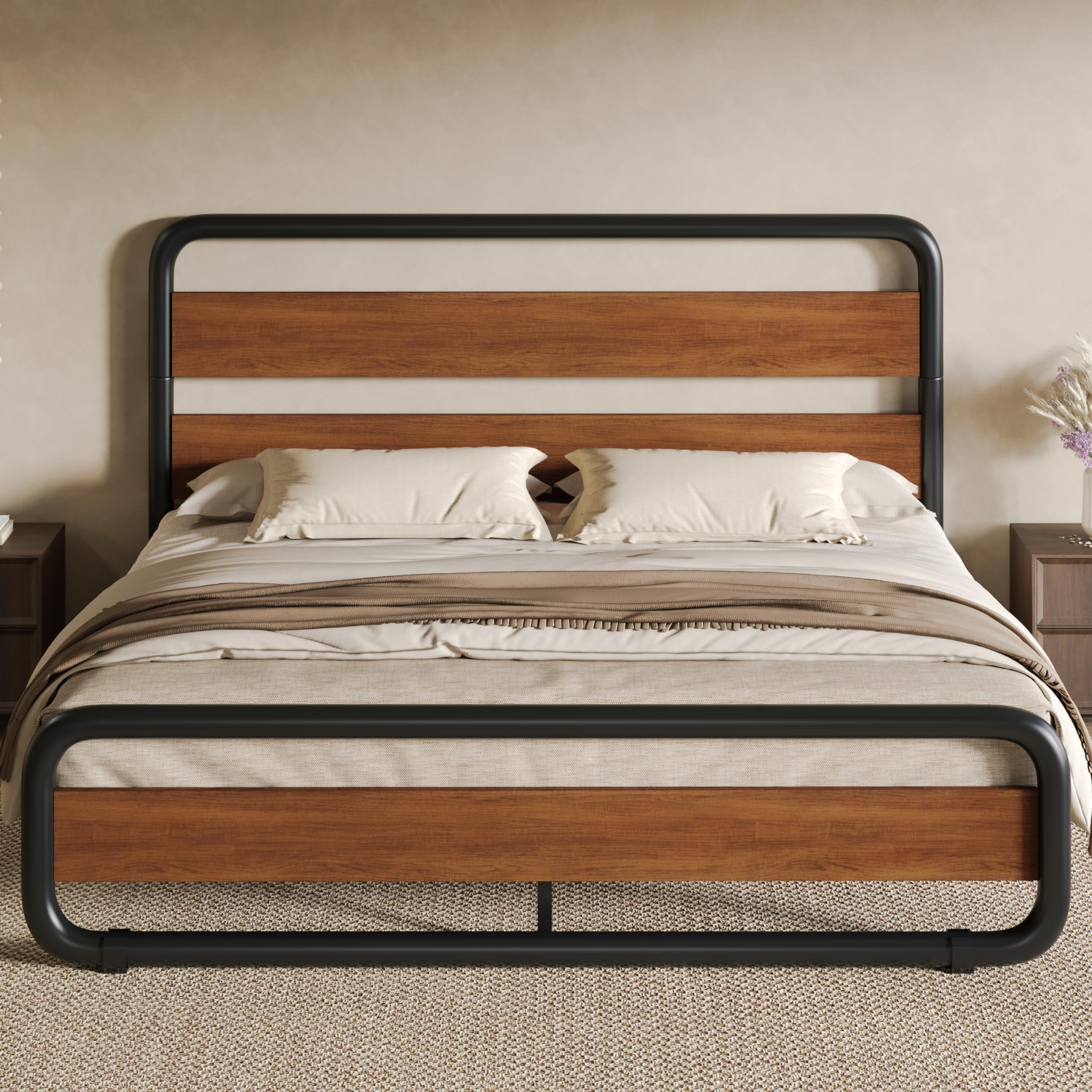 SHA CERLIN Full Size Metal Bed Frame with Wooden Headboard and Footboard, Heavy Duty Platform Frame with Under-Bed Storage, Nois