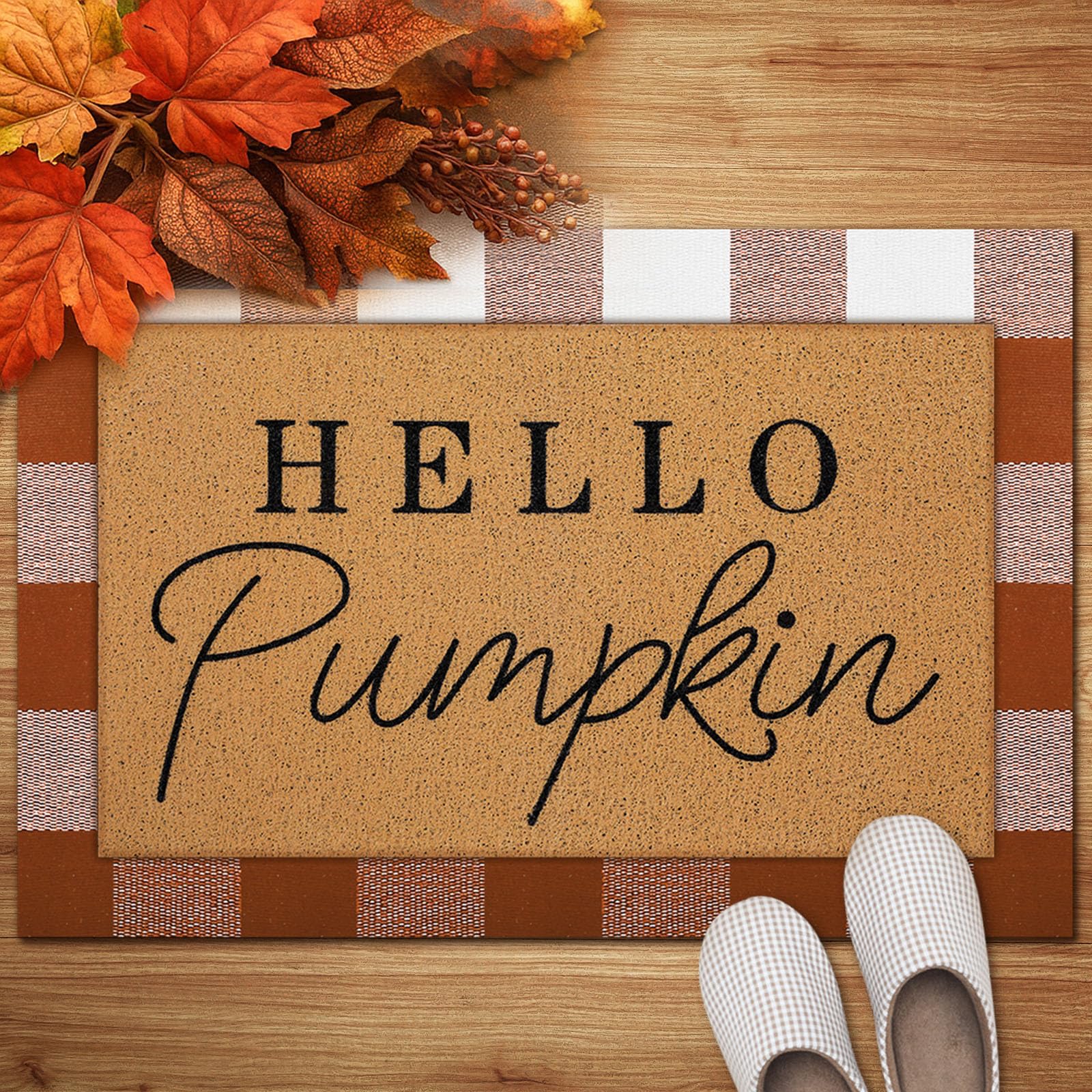 Tinideya 2 Pcs Fall Door Mat Hello Pumpkin Welcome Non Slip Coir Mats Thanksgiving Black White Plaid Harvest Floor Layering Door
