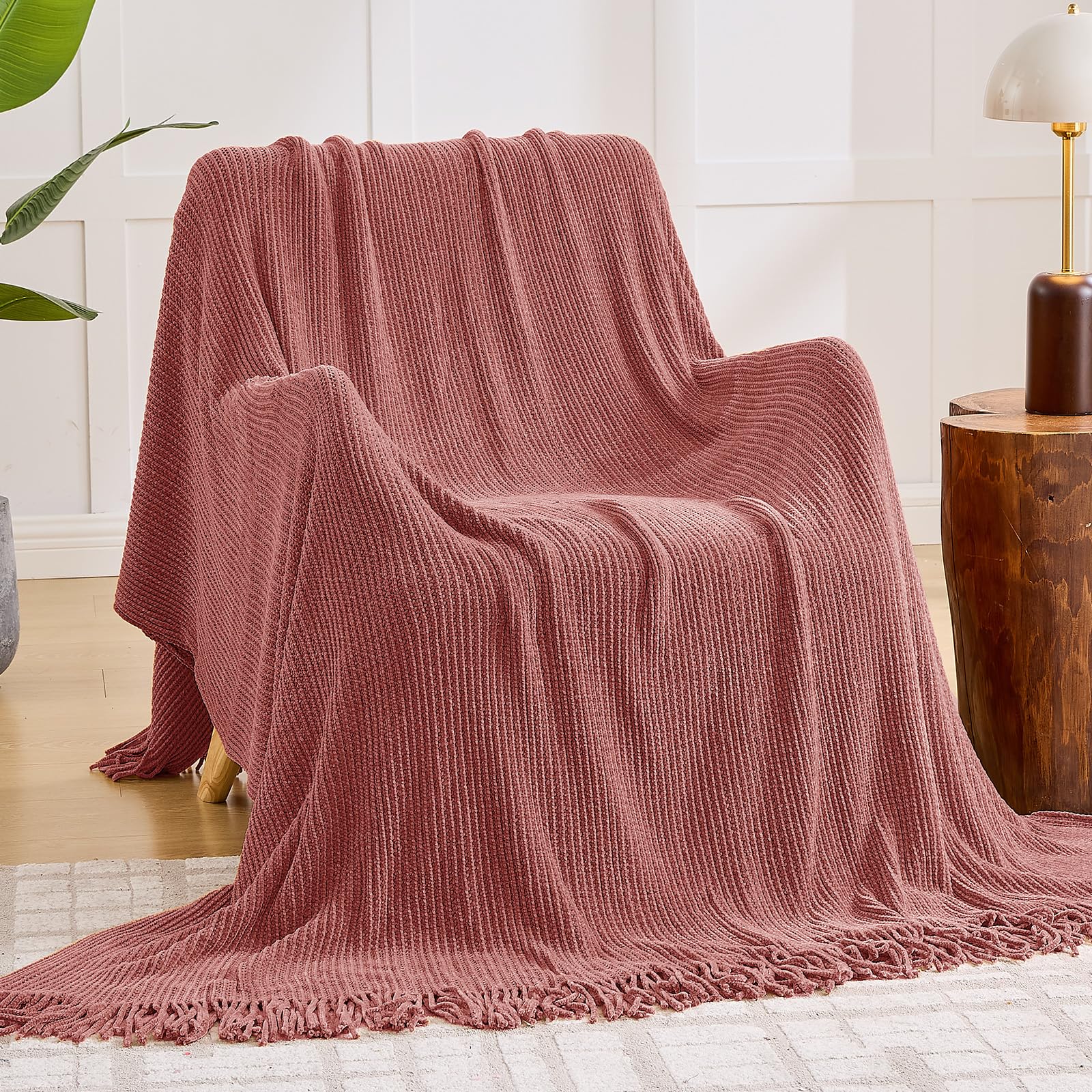 inhand Coral Pink Throw Blanket for Couch Bed,Chunky Chenille Woven Soft Warm Christmas Blankets Gifts for Women with Tassels, C