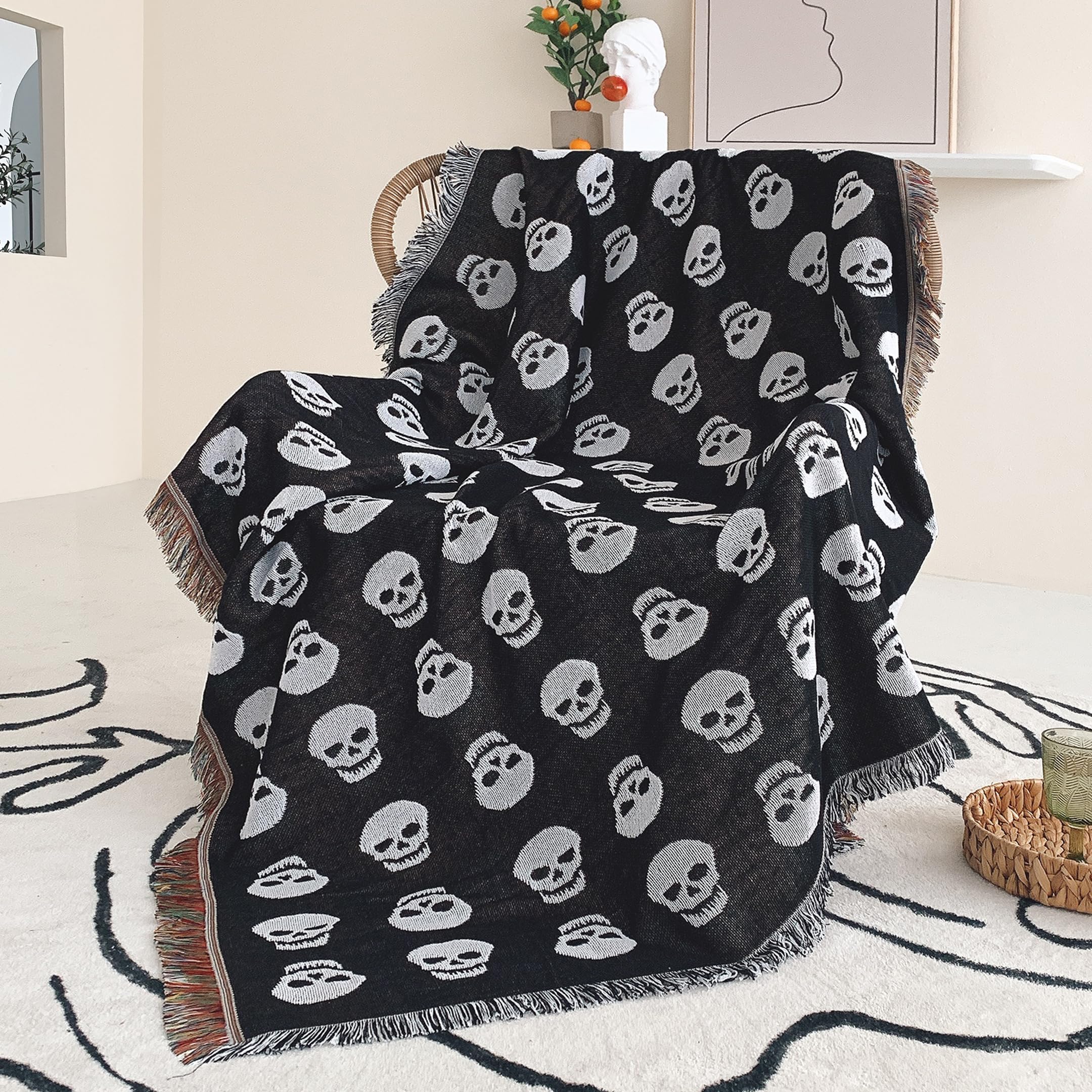Shesyuki Boho Throw Blanket Reversible Cotton Bohemian Tapestry Hippie Room Decor Double Sided (Boho Skull Print Black 50x60)