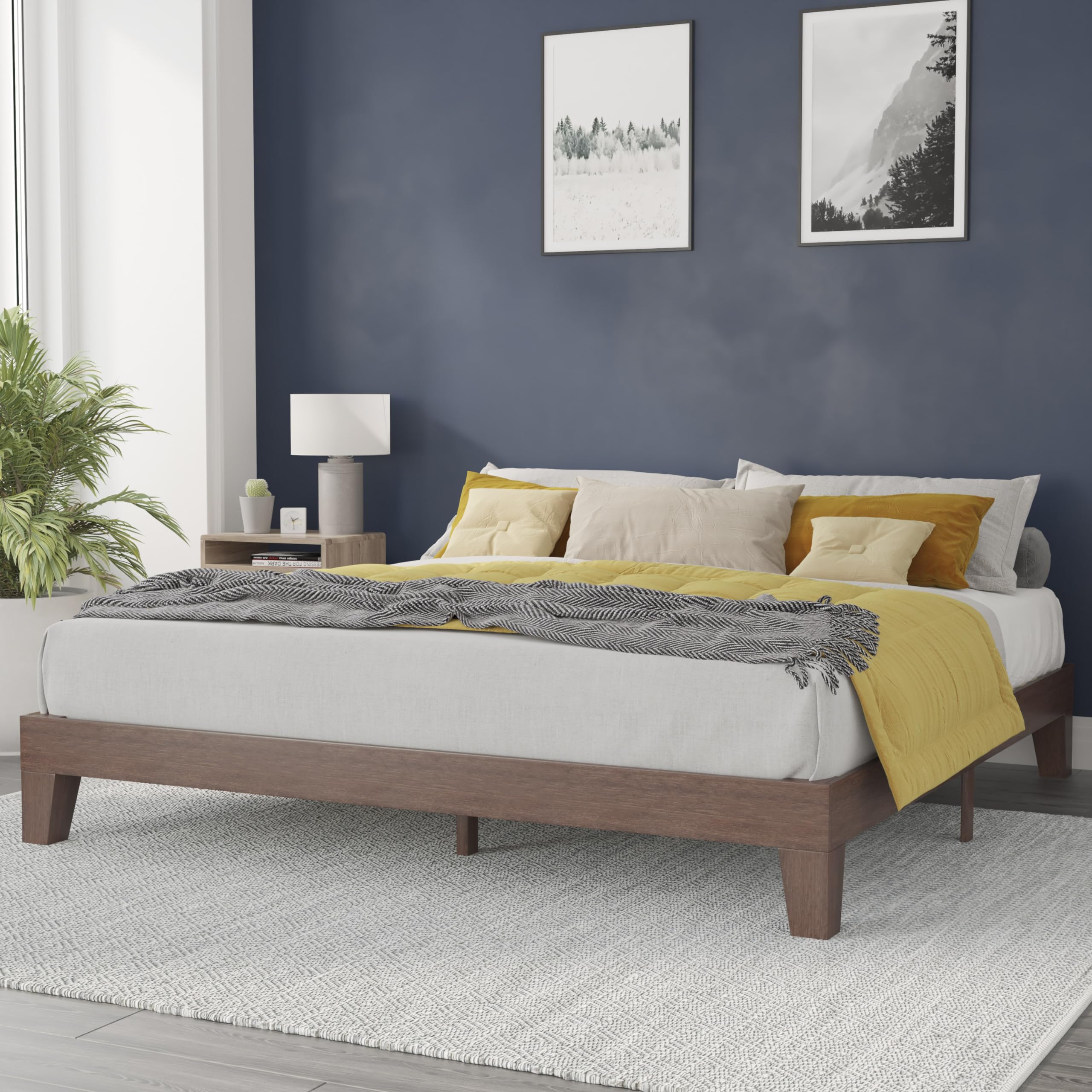 Flash Furniture Evelyn Wooden Platform Bed - Walnut Finish - King - Wooden Slat Support - No Box Spring Required - Easy Assembly