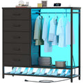 Dresser for Bedroom, Dresser with Hanging Rack Led Lights and Charging Station, Black Bedroom Dresser with 5 Fabric Chest of Dra