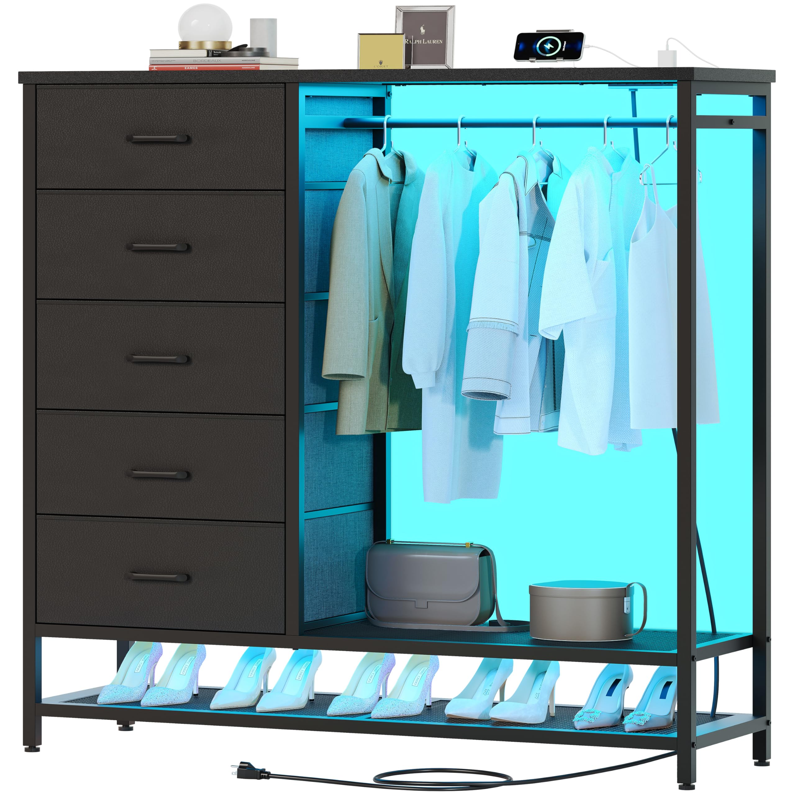 Dresser for Bedroom, Dresser with Hanging Rack Led Lights and Charging Station, Black Bedroom Dresser with 5 Fabric Chest of Dra