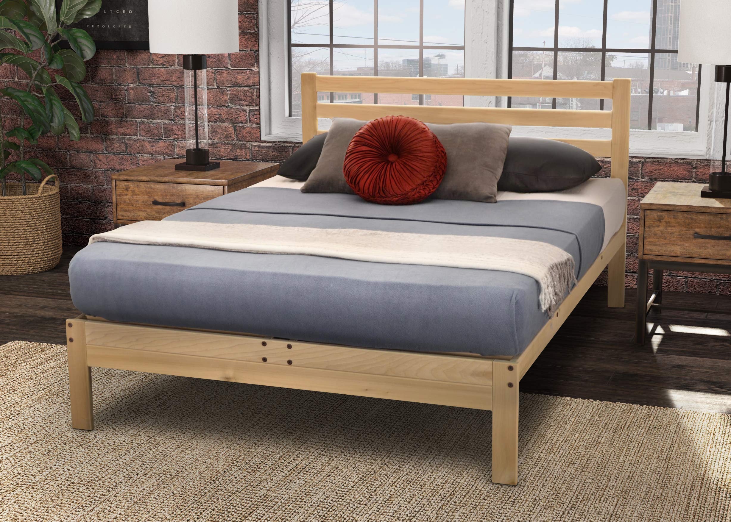 KD Frames Lexington Platform Bed - Queen Bed Frame - Unfinished Wood Bed Frame - Natural, Minimalist Bed with Slatted Headboard 