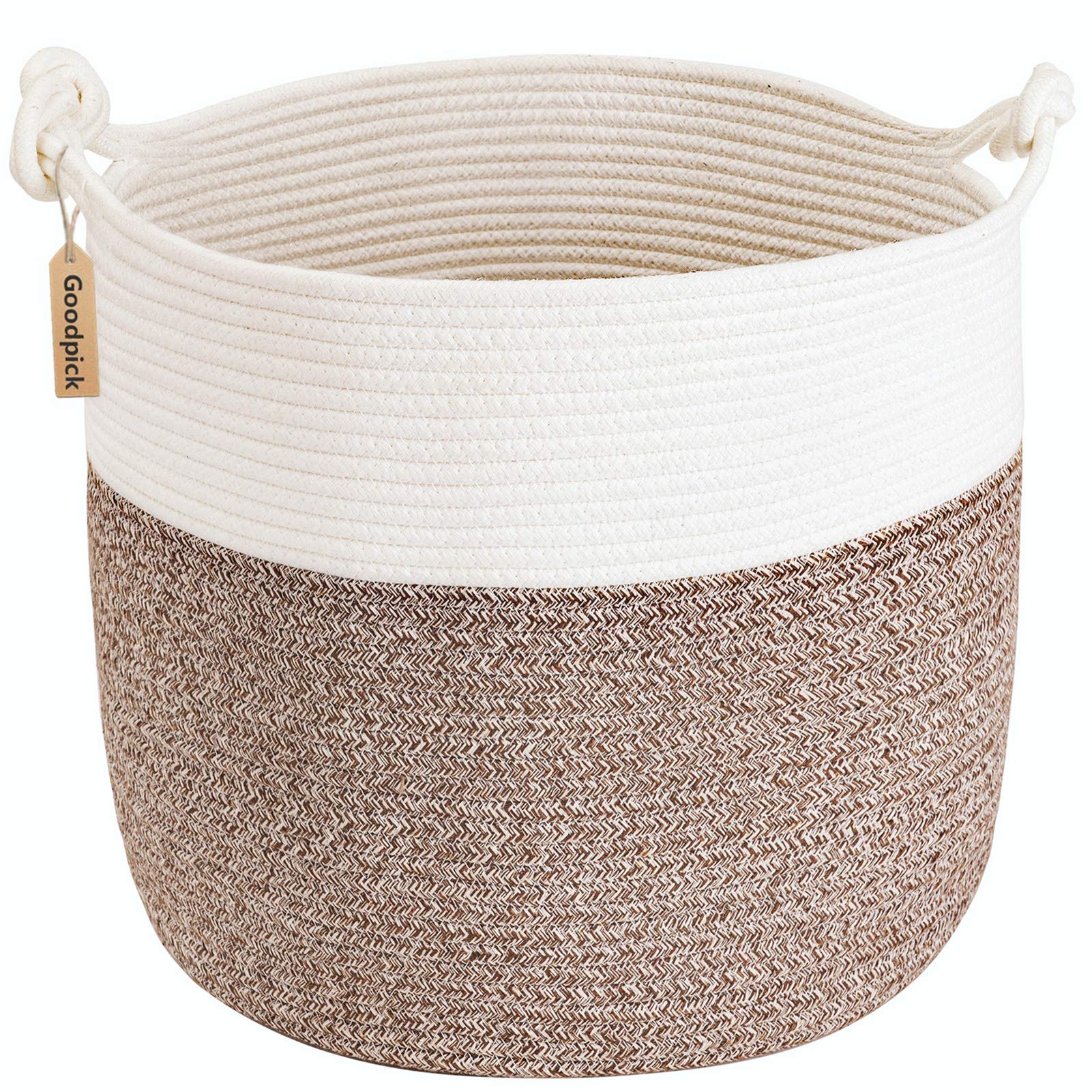 Goodpick Woven Laundry Basket, 15 x 14.2 Inches Cotton Rope Basket for Blankets, Soft Blanket Storage Baskets with Handles for L