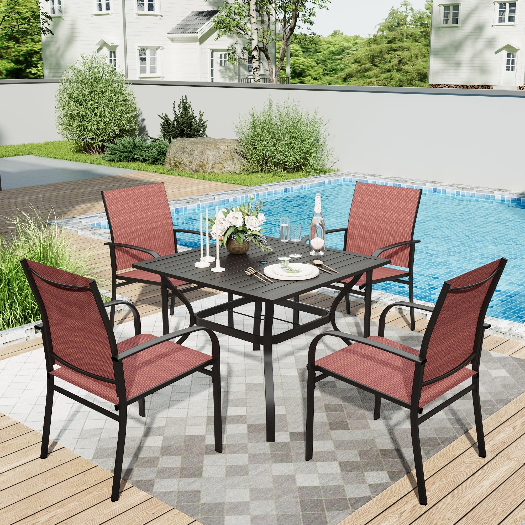 HERAS HOUSE 5 Pieces Patio Dining Set, Outdoor Table and Chairs Set for 4, 4 x Red Textilene Dining Chair, 37 Square Metal Dini