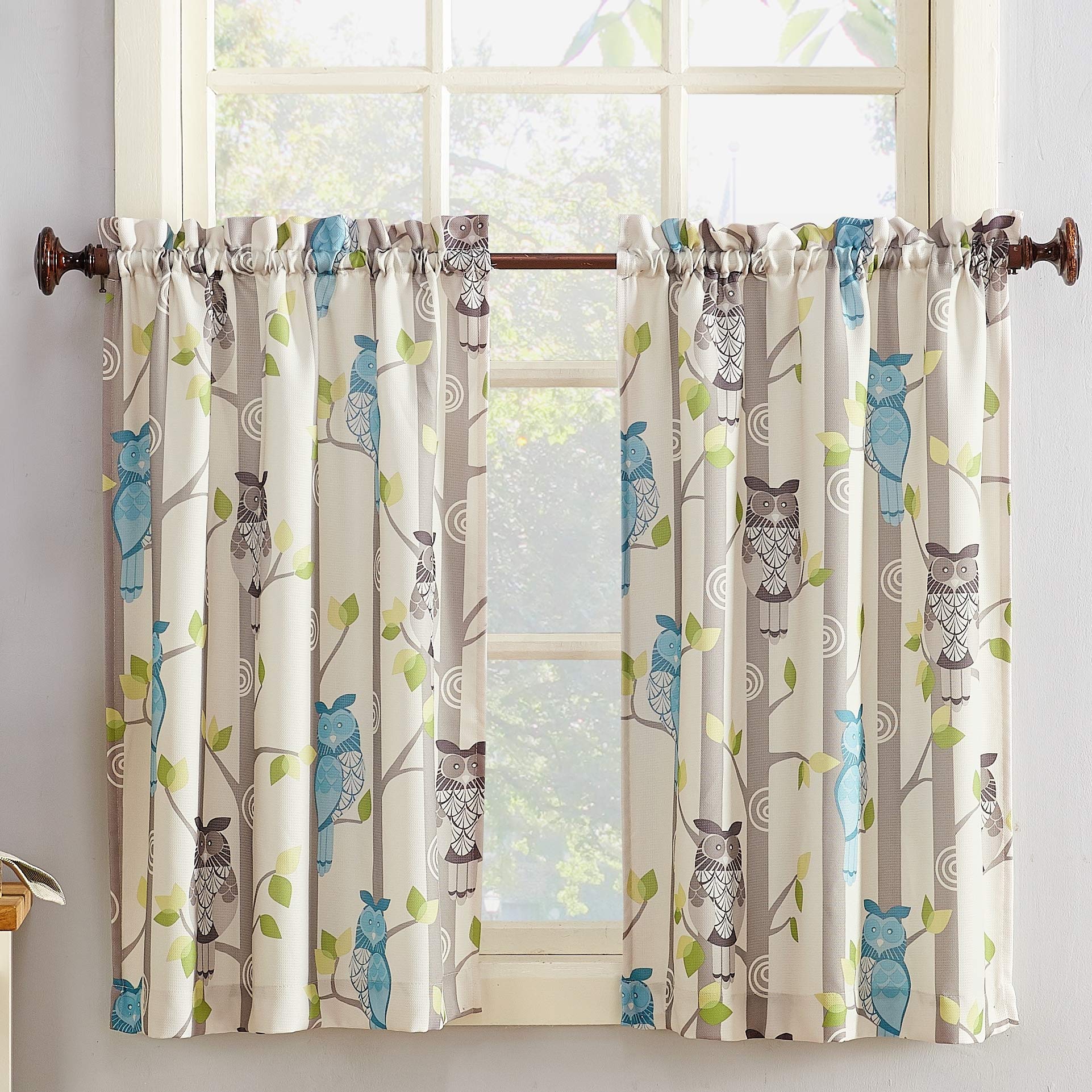No. 918 Hoot Owl Print Semi-Sheer Rod Pocket Kitchen Curtain Tier Pair, 56 x 36, Mocha