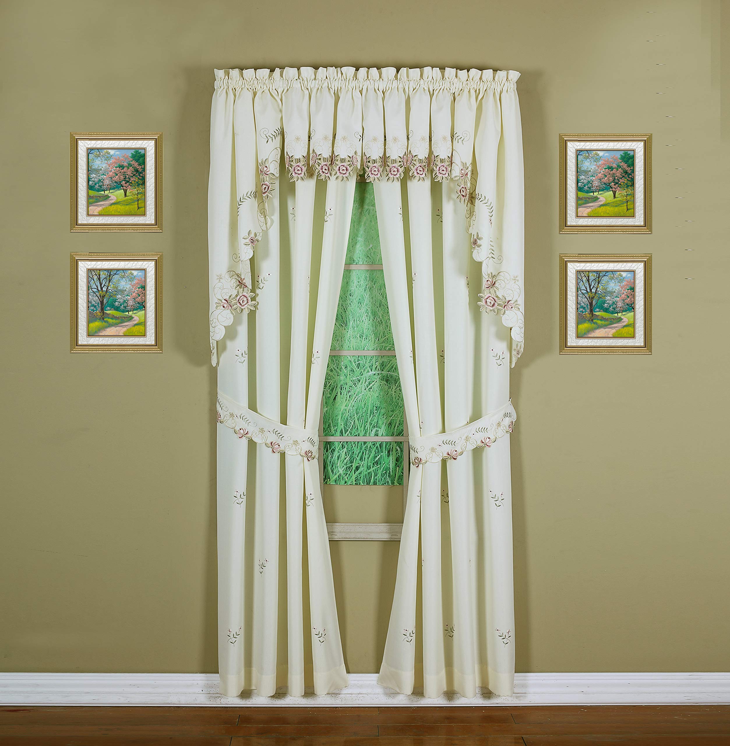 Todays Curtain Verona Reverse Embroidery Panel Pair and Tiebacks, 63, Ecru/Rose