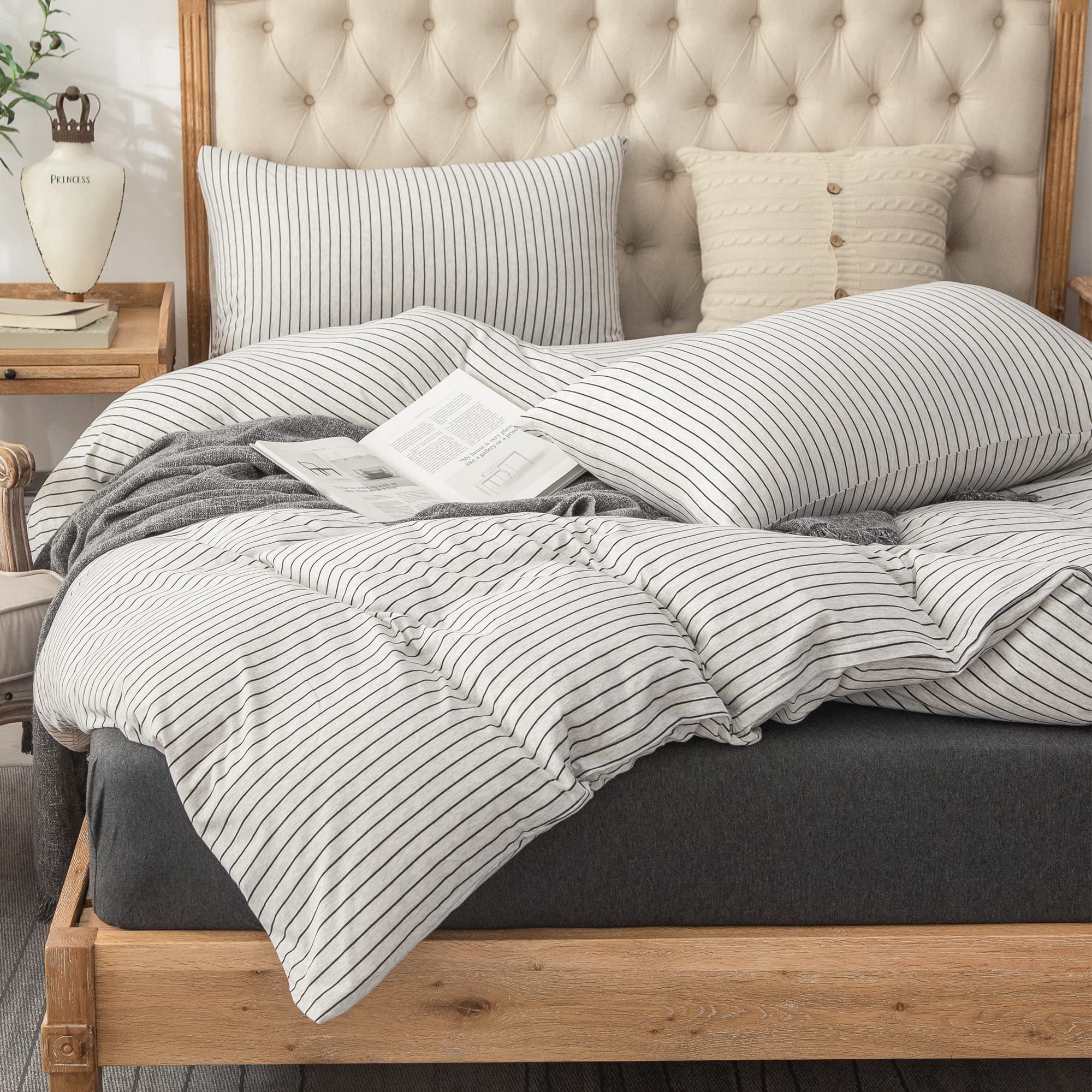 PURE ERA Jersey Knit Duvet Cover Set 100% T-Shirt Heather Cotton Super Soft Comfy Classic Striped Design, with Zipper Closure, H