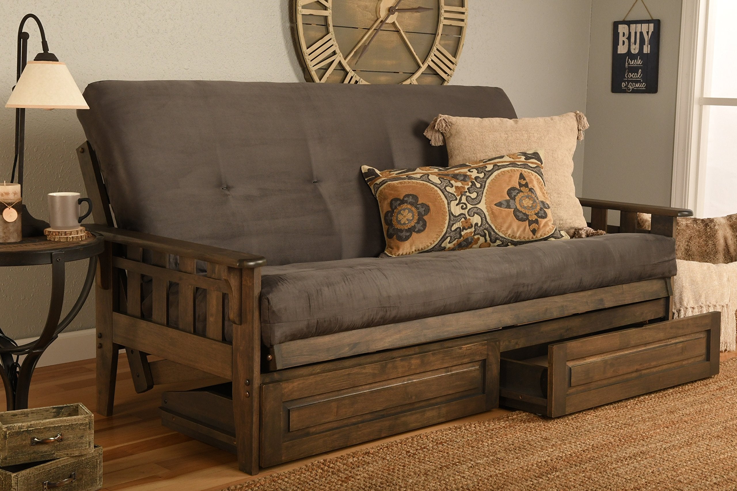 Kodiak Furniture Tucson Full Futon Set in Rustic Walnut Finish with Storage Drawers, Suede Gray