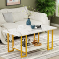 AWQM Marble Coffee Table, Faux Marble Top Rectangular Coffee Table with Gold Metal Frame, 2 Tier Living Room Table for Living Ro