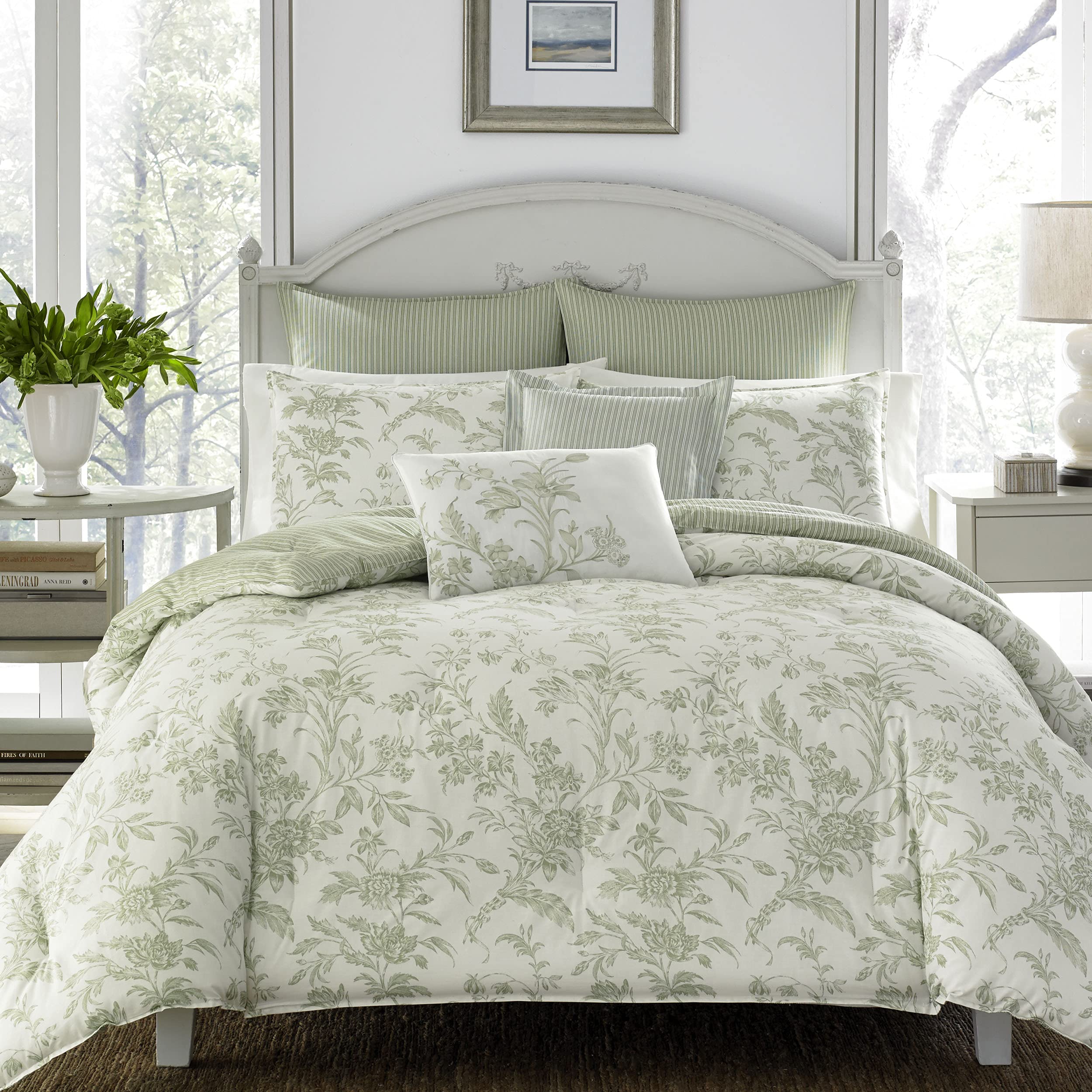 Laura Ashley - Queen Comforter Set, Reversible Cotton Bedding, Includes Matching Shams with Bonus Euro Shams & Throw Pillows (Na