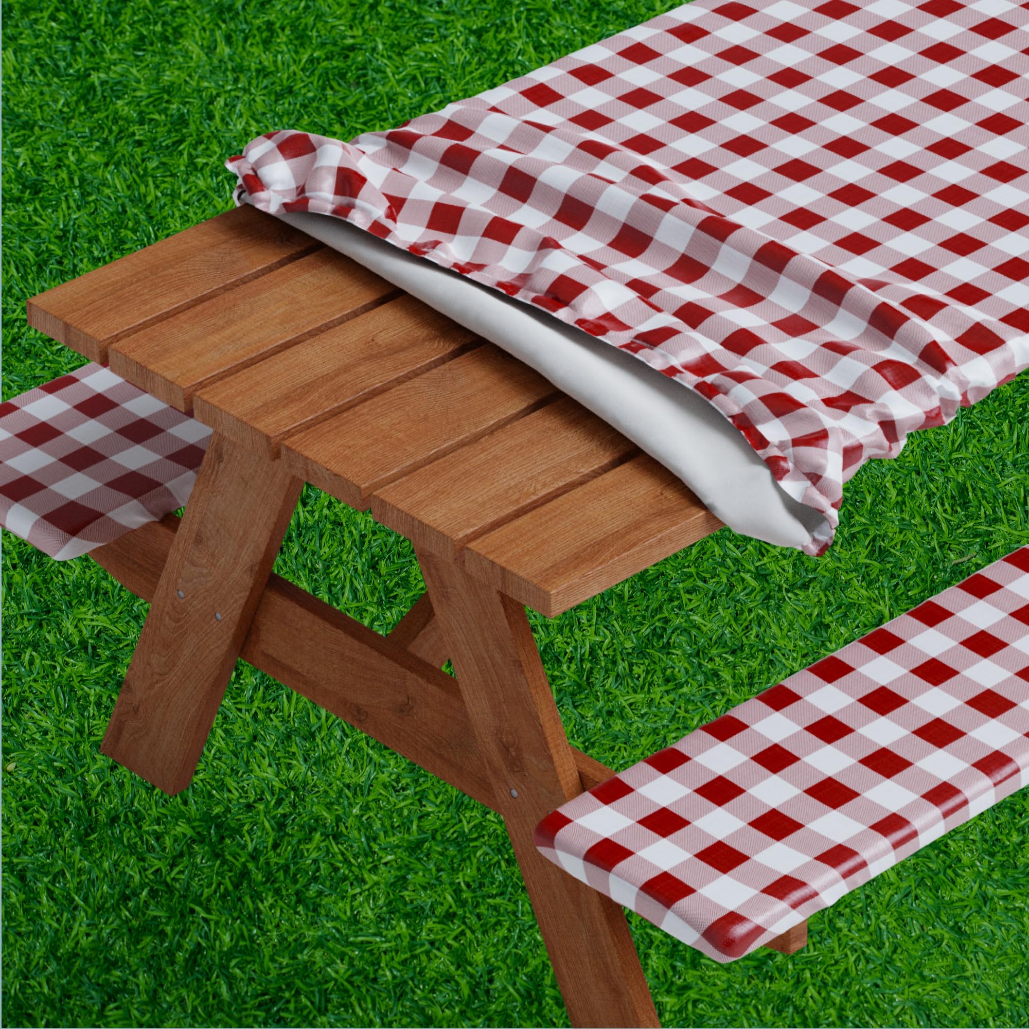 Sorfey Picnic Table Cover with Bench Covers -Fitted with Elastic, Vinyl with Flannel Back, Fits for Table 30x 60 Rectangle,Water