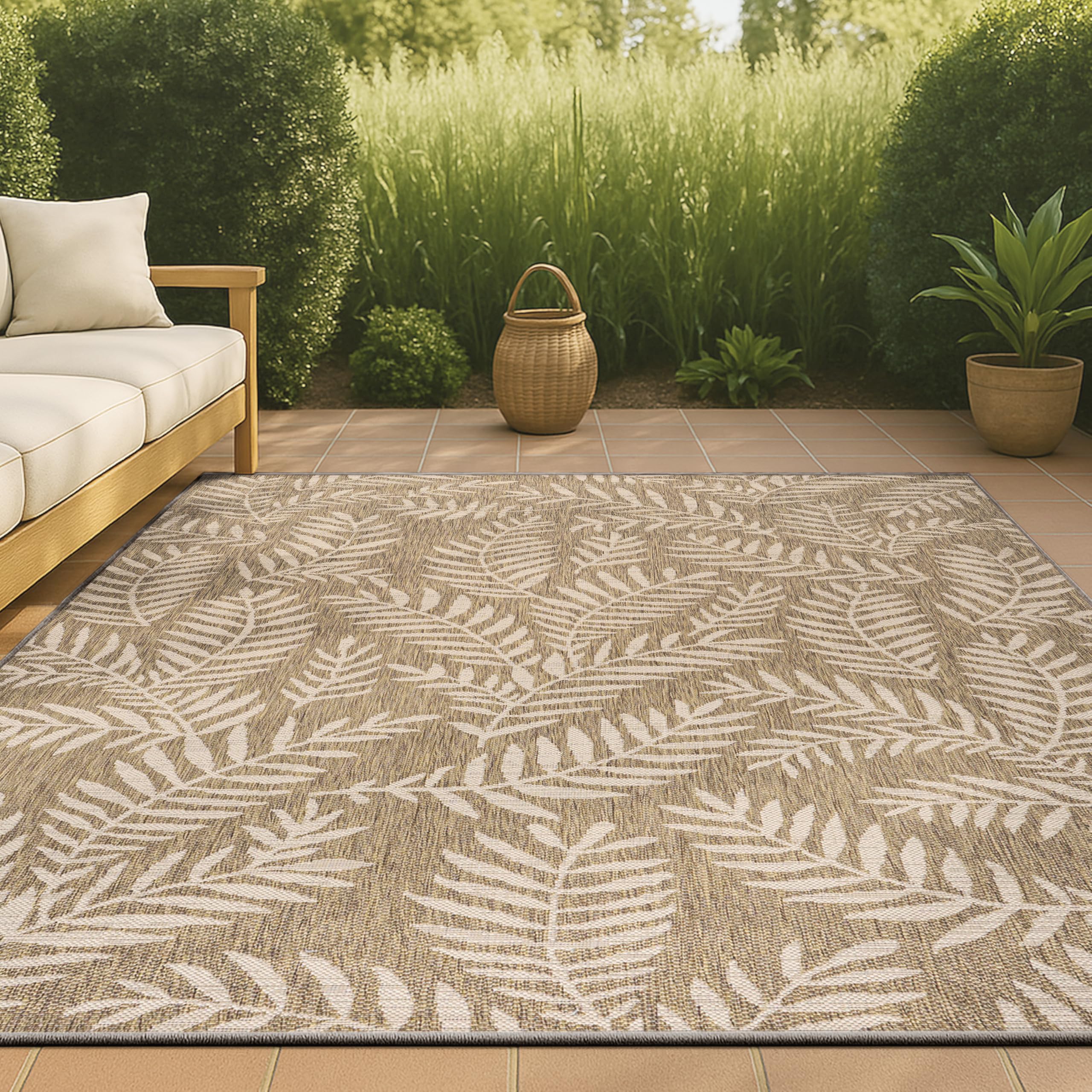 JONATHAN Y Palm Frond Indoor Outdoor Area Rug 9X12 Brown/Beige, Nevis for Backyard, Patio, Porch, Easy-Cleaning, High Traffic, P