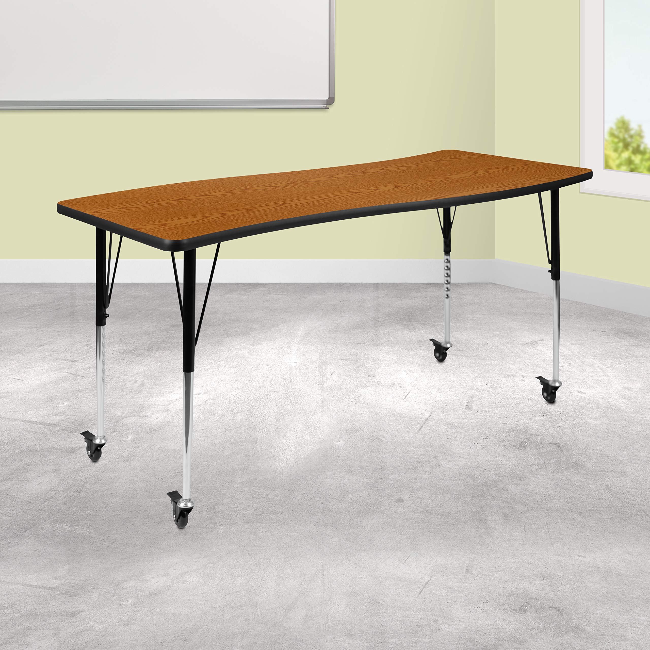 Flash Furniture Mobile 26W x 60L Rectangular Wave Collaborative Oak Thermal Laminate Activity Table - Standard Height Adjustable