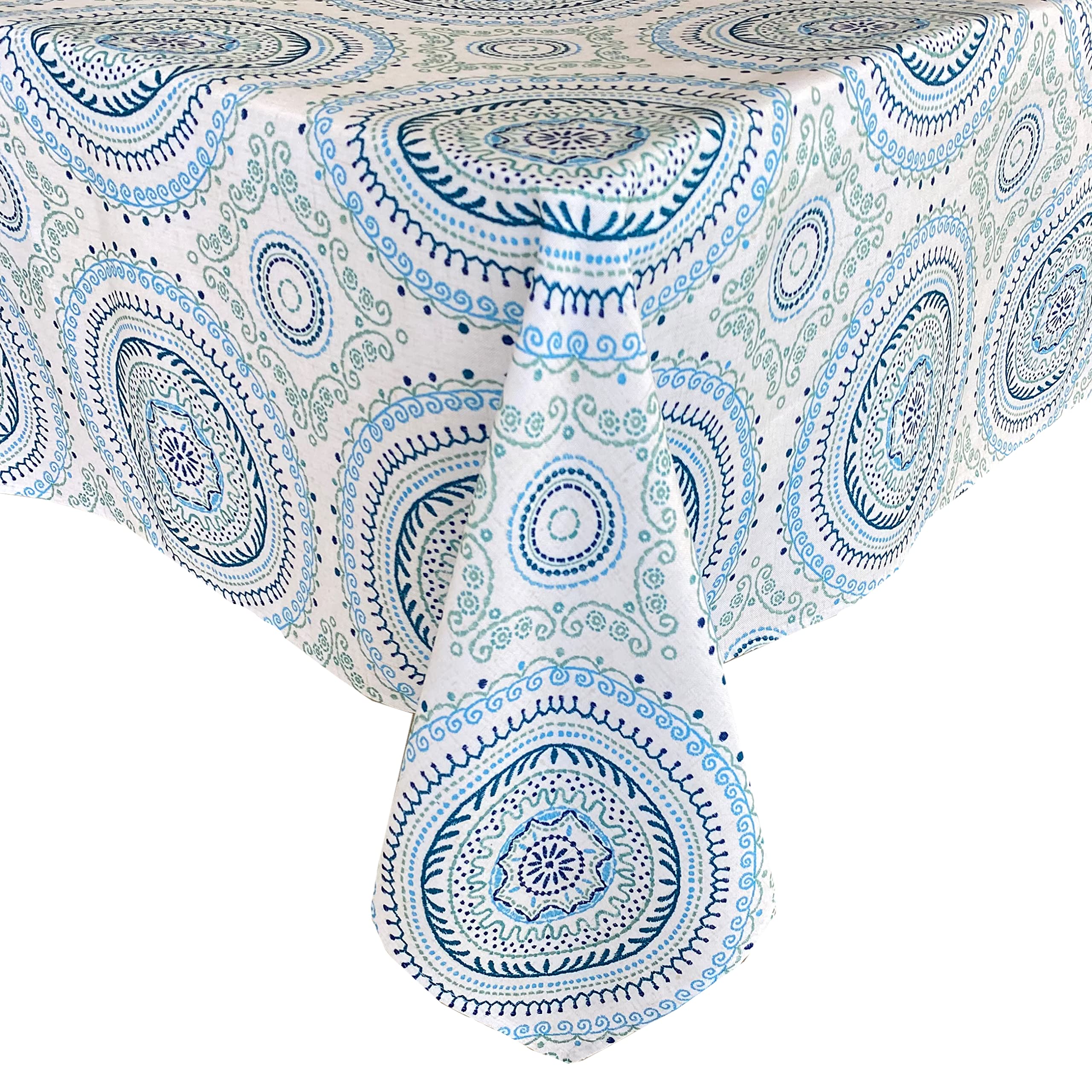 Newbridge 60 x 120 Inch Rectangle Fabric Tablecloth, Blue Circle Stitch, Indoor Outdoor No Iron Soil Resistant Dining Room, Part