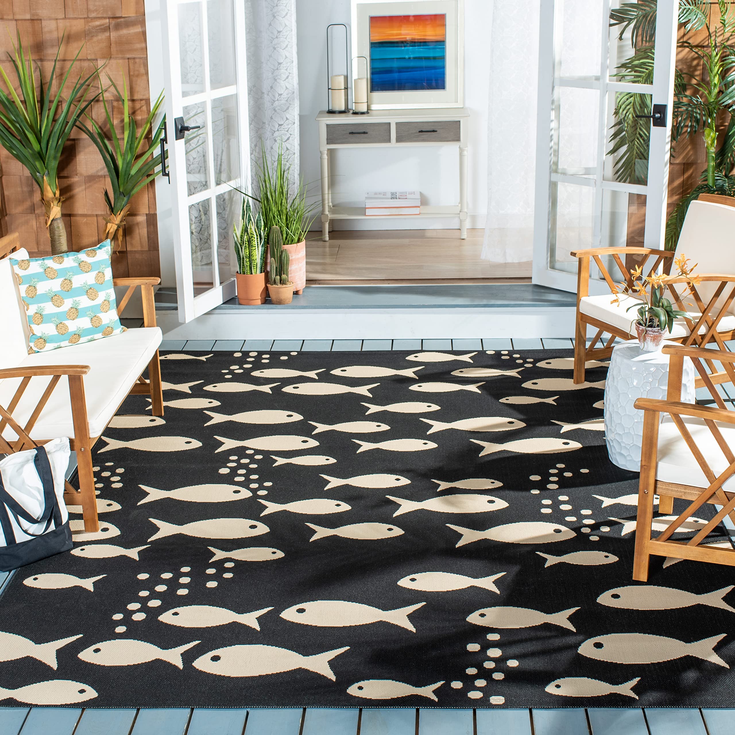 SAFAVIEH Courtyard Collection 71 Square Black/Beige CY6012 Indoor/ Outdoor Waterproof Easy Cleaning Patio Backyard Mudroom Area