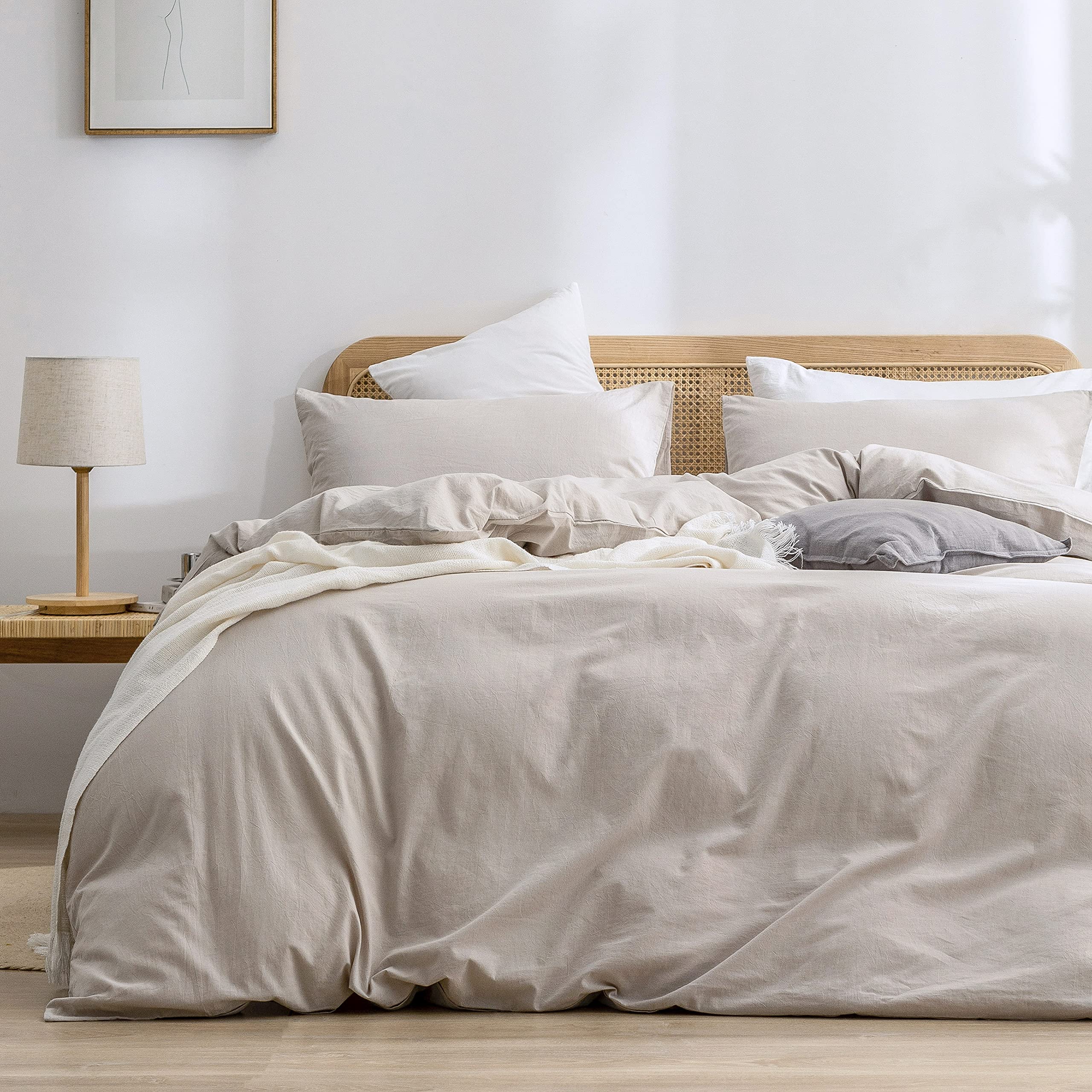 BESTOUCH Duvet Cover Set 100% Washed Cotton Linen Feel Super Soft Comfortable Chic Lightweight 3 PCs Home Bedding Set Solid Line