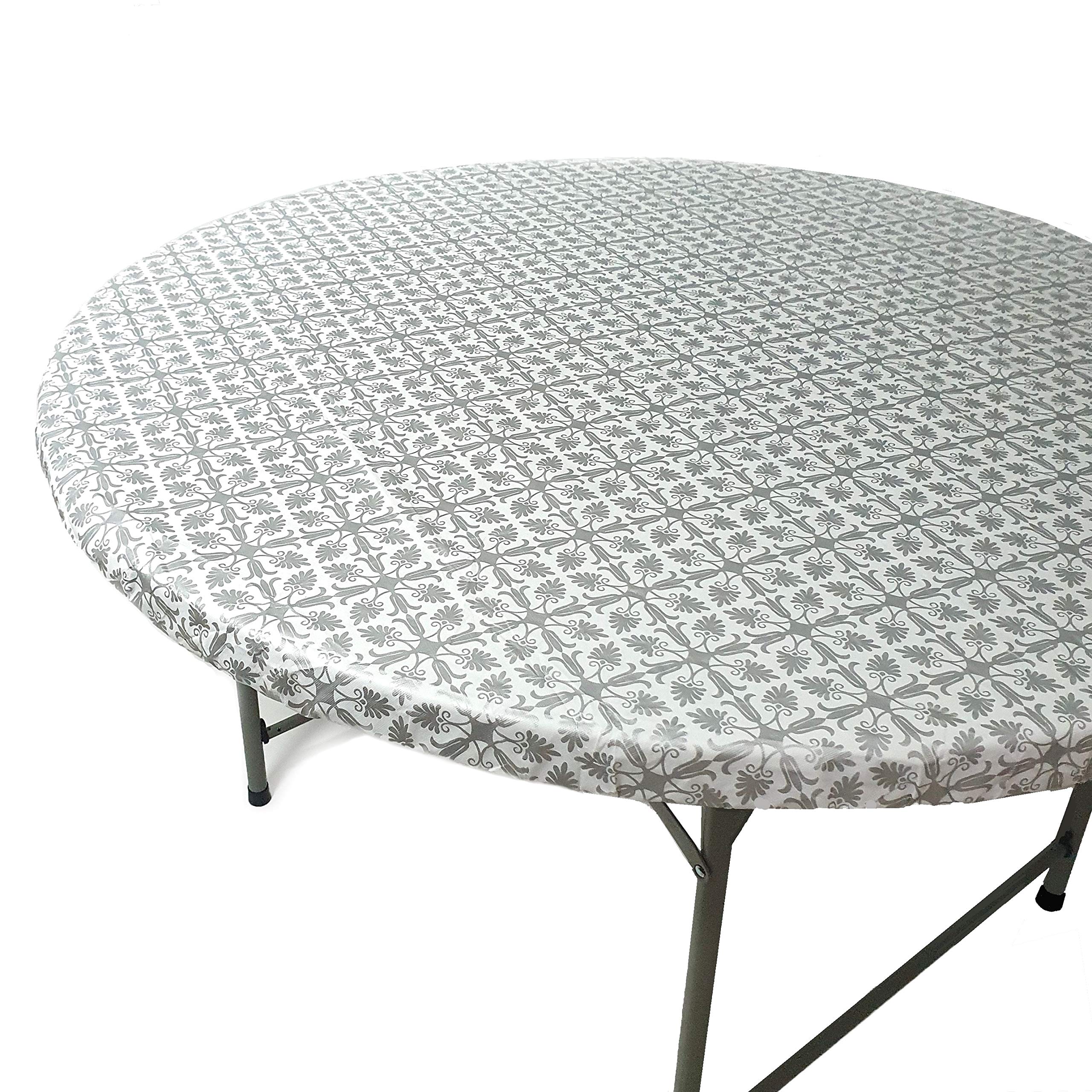 TopTableCloth Outdoor Tablecloth Round Fitted Fits Tables up to 37 to 42 Inch Elastic Silver Patterned Plastic Table Cloth Dinin