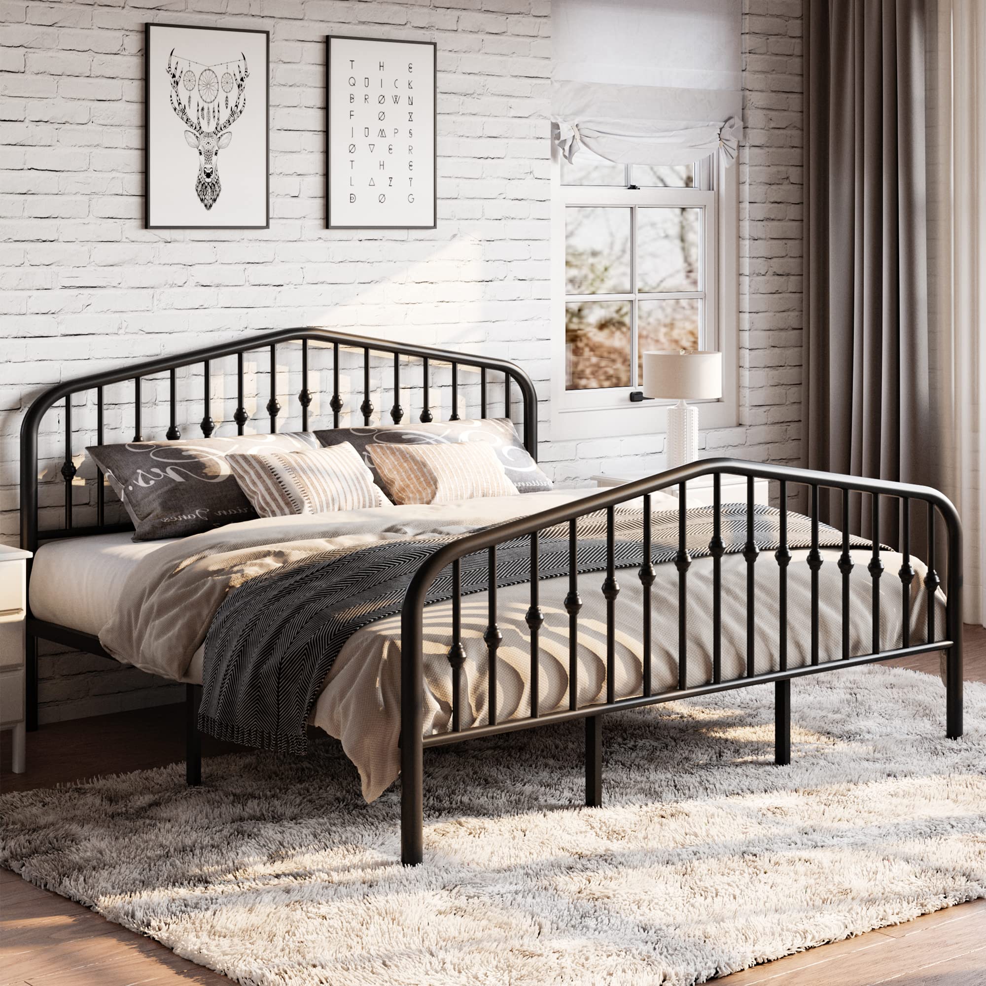 SHA CERLIN King Size Metal Platform Bed Frame with Victorian Style Wrought Iron-Art Headboard/Footboard, No Box Spring Required,