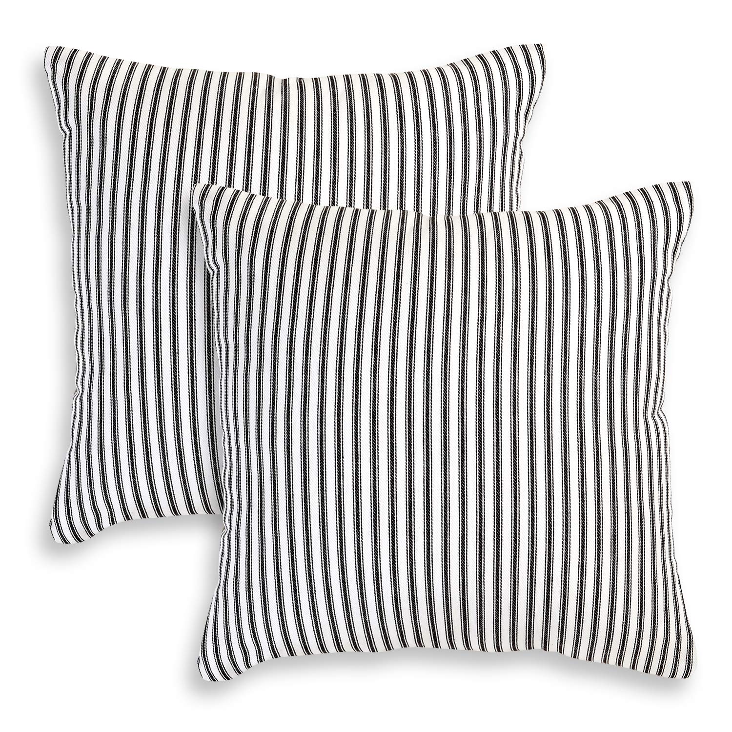 Cackleberry Home Black and White Ticking Stripe Woven Cotton Decorative Square Throw Pillow Case Covers 20 x 20 Inches, Set of 2