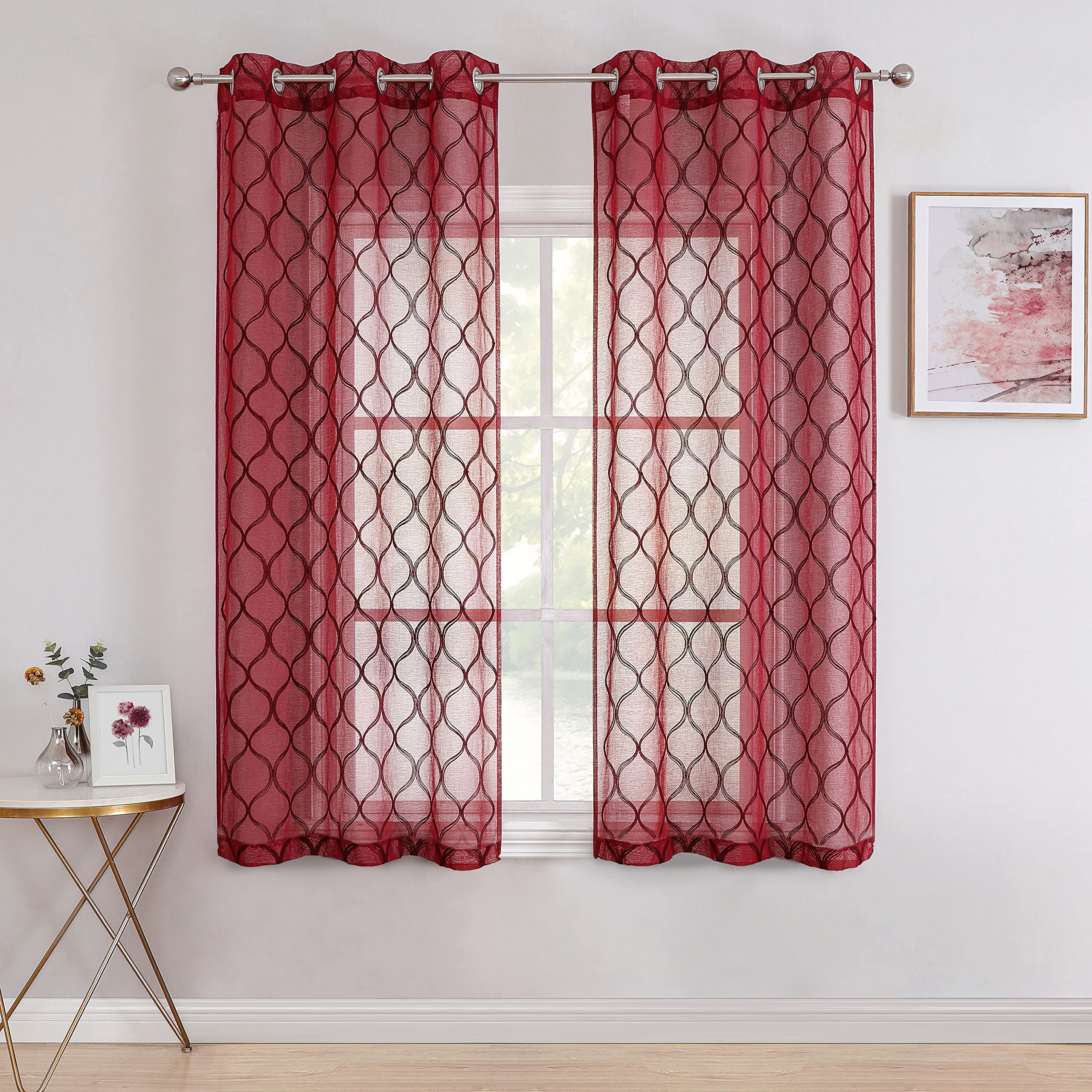 Bujasso Red Sheer Curtains 63 inch 2 Panels Geometric Embroidered Light Filtering Window Curtains for Living Room Bedroom Morocc