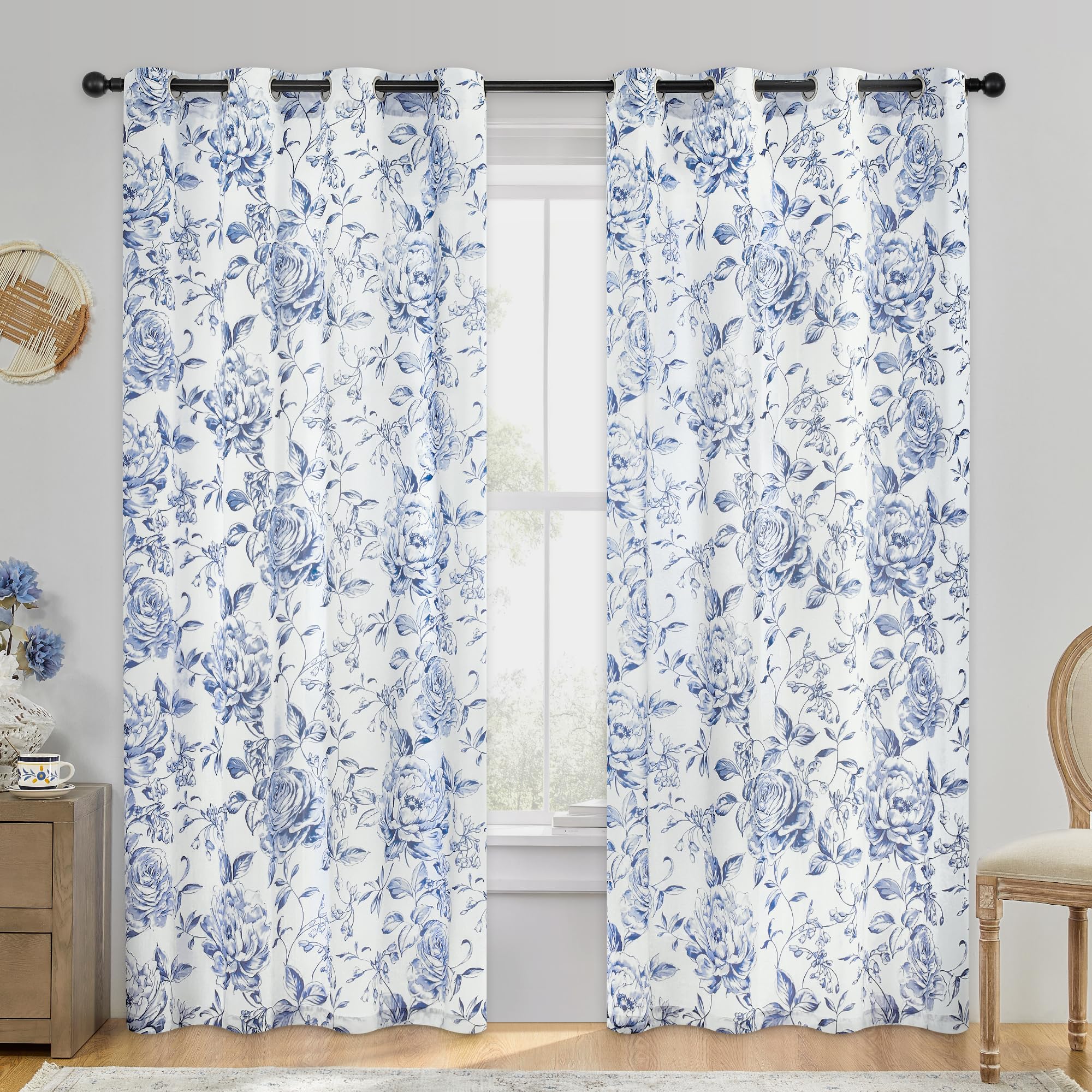 Beauoop Floral Curtains 84 Inches Long 2 Panels for Bedroom Living Room Blue Rose Flower Patterned Farmhouse Light Filtering Roo