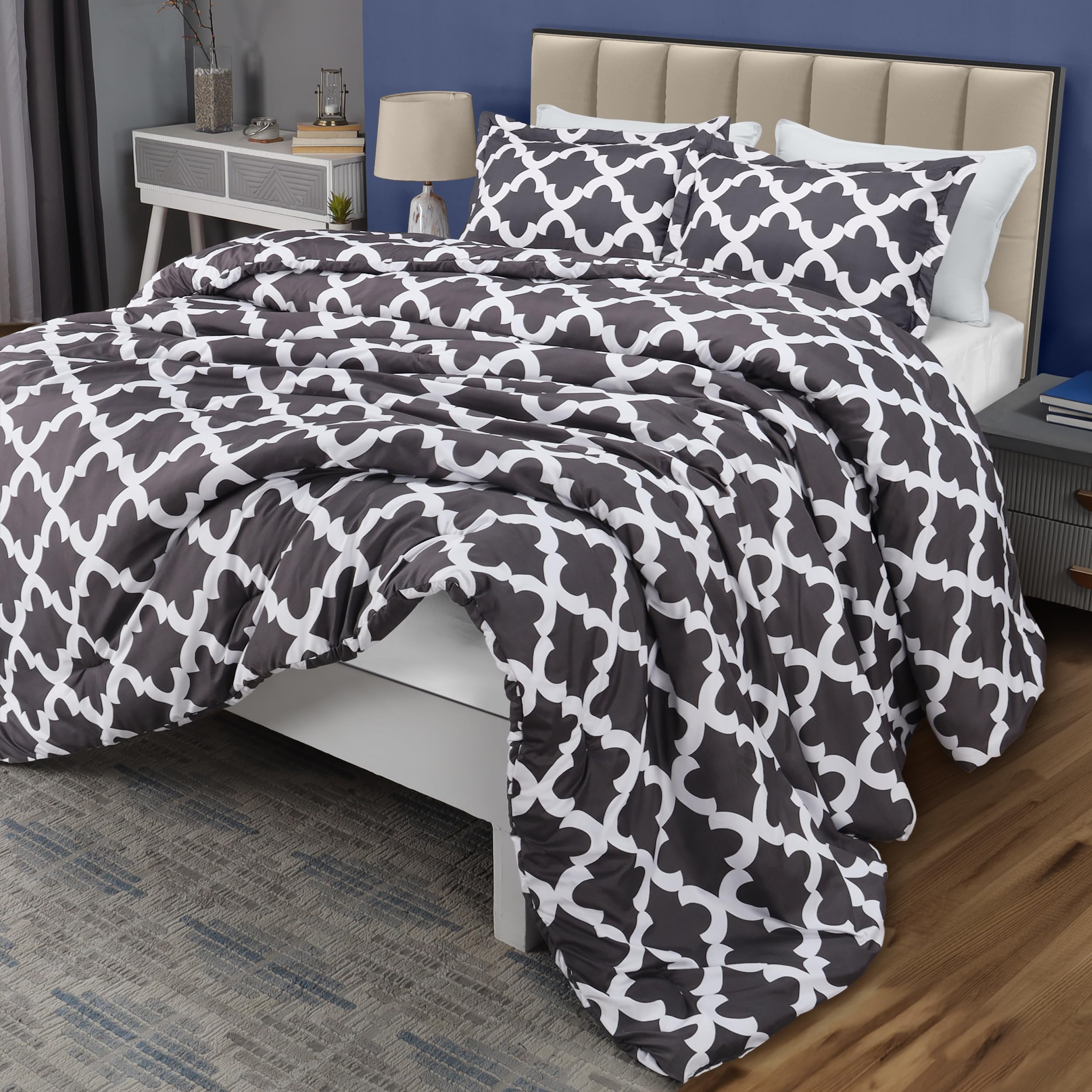 Utopia Bedding King Comforter Set Grey, Printed Comforters King Size, 3 Piece Lightweight All Season Down Alternative Bedding Se