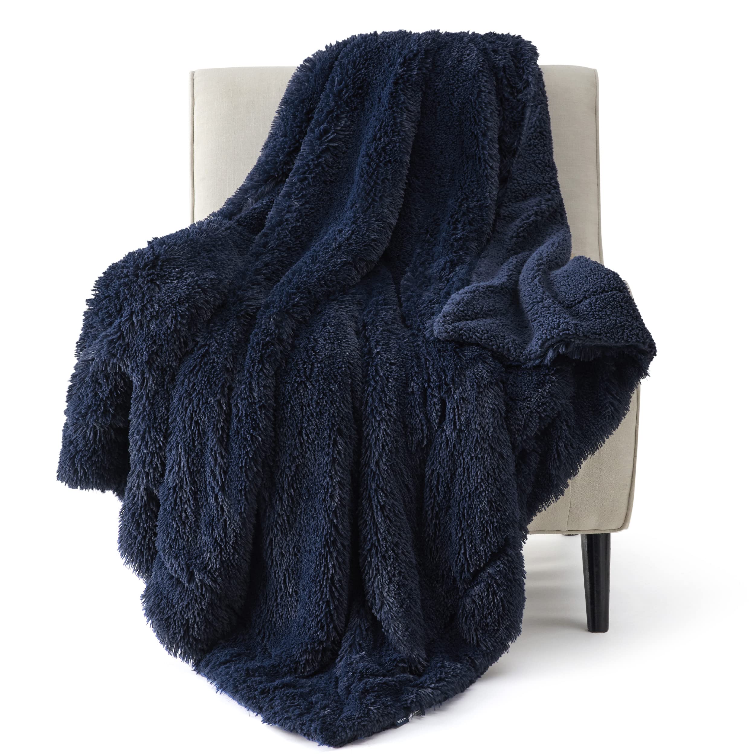 Bedsure Navy Blue Faux Fur Blanket - Soft, Fluffy Sherpa Decorative Throw, Twin Size for Couch, Sofa, Bed - 60x80 Inches, 640 GS