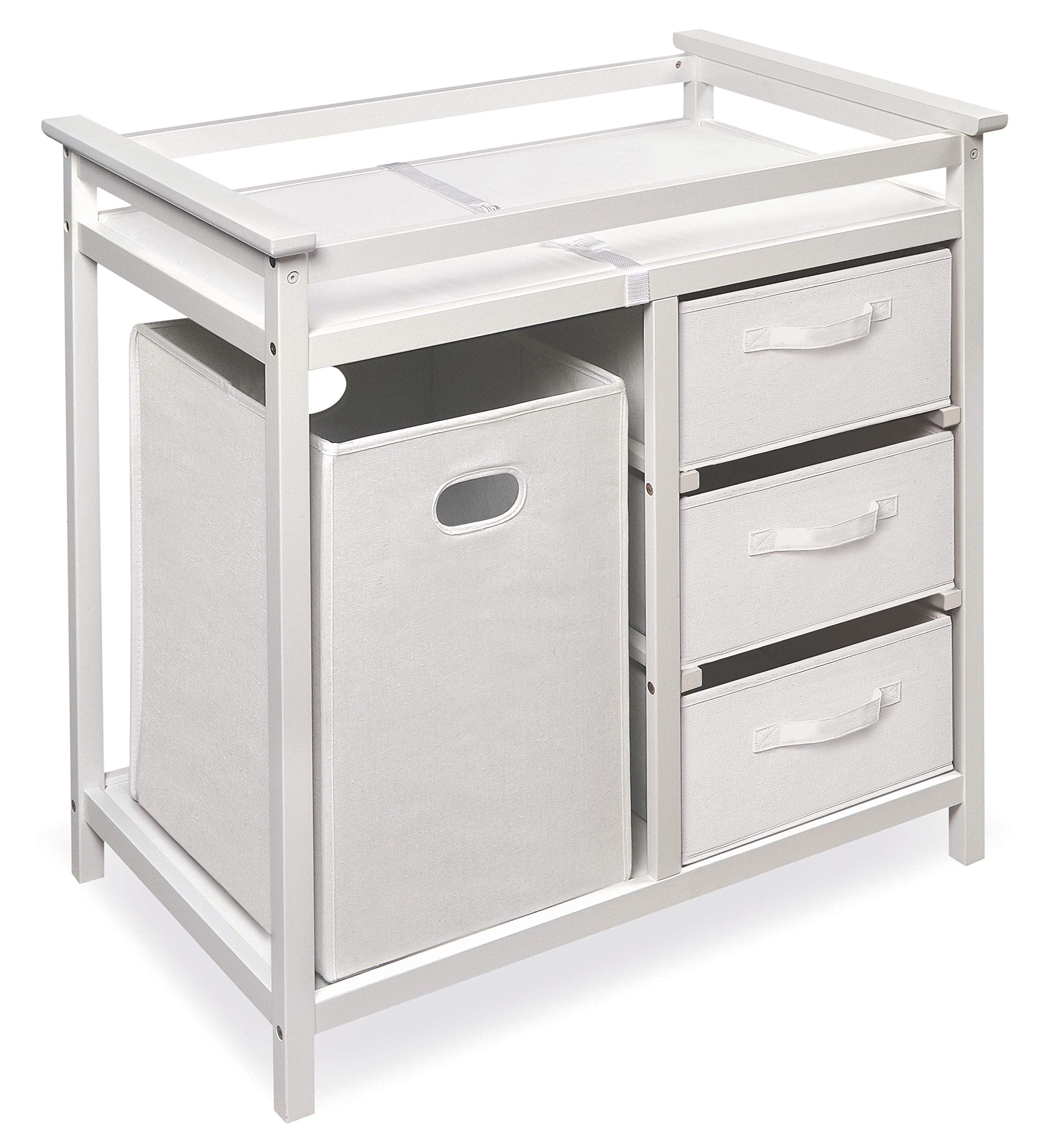 Badger Basket Modern Baby Changing Table with Laundry Hamper, 3 Storage Drawers and Pad, Diaper Change Station - White/White