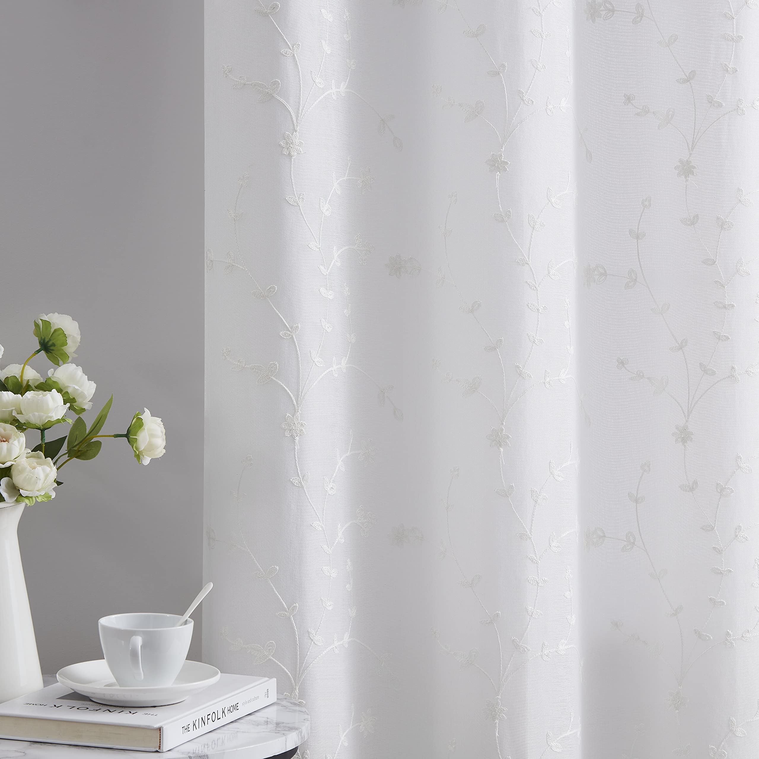 Bujasso White Floral Semi Sheer Curtains 84 inch Embroidered Leaf Patterned Window Curtain Panels with Lined Privacy Farmhouse L