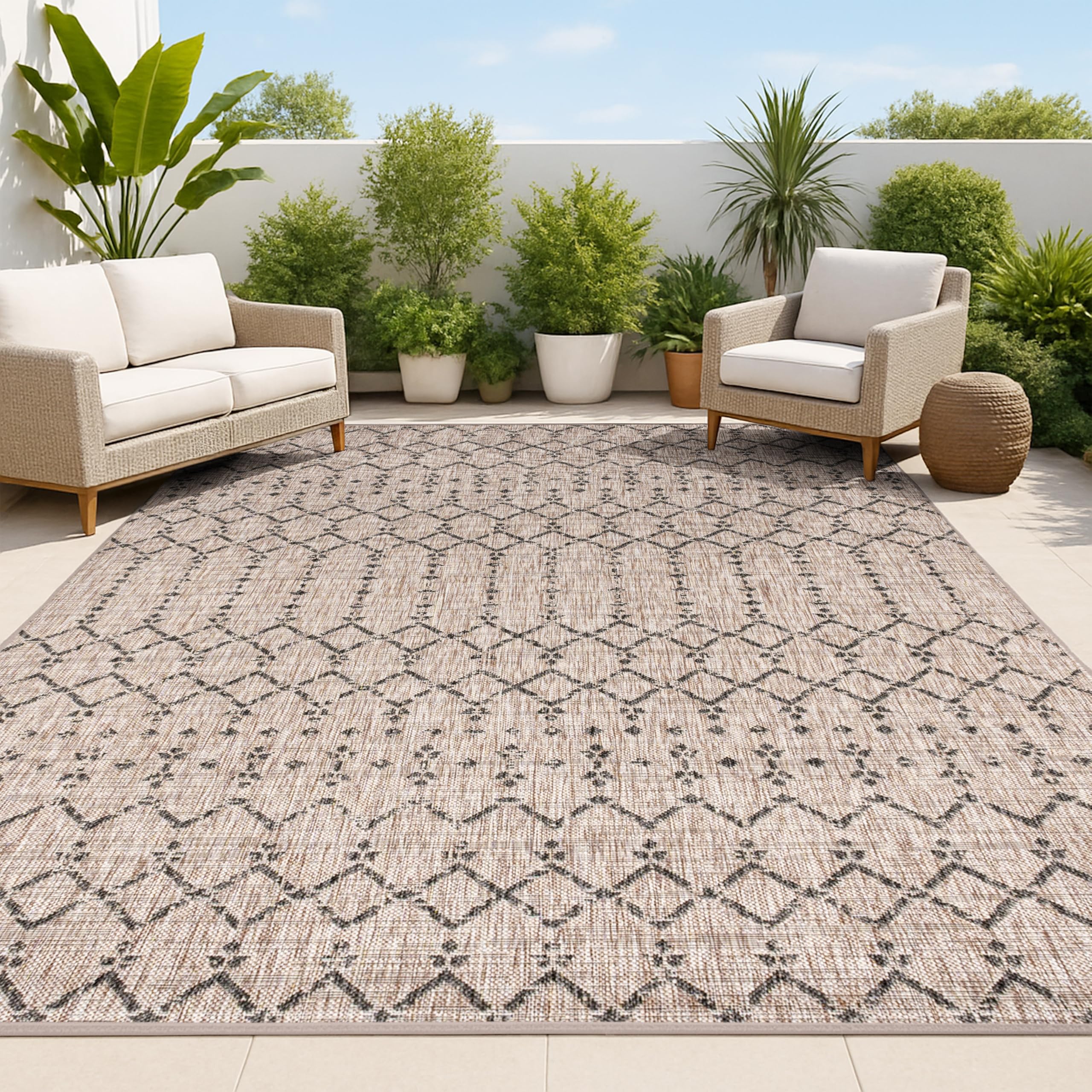 JONATHAN Y Moroccan Geometric Indoor Outdoor Area Rug 8X10 Natural/Black, Ourika Textured Weave for Backyard, Patio, Porch, Easy