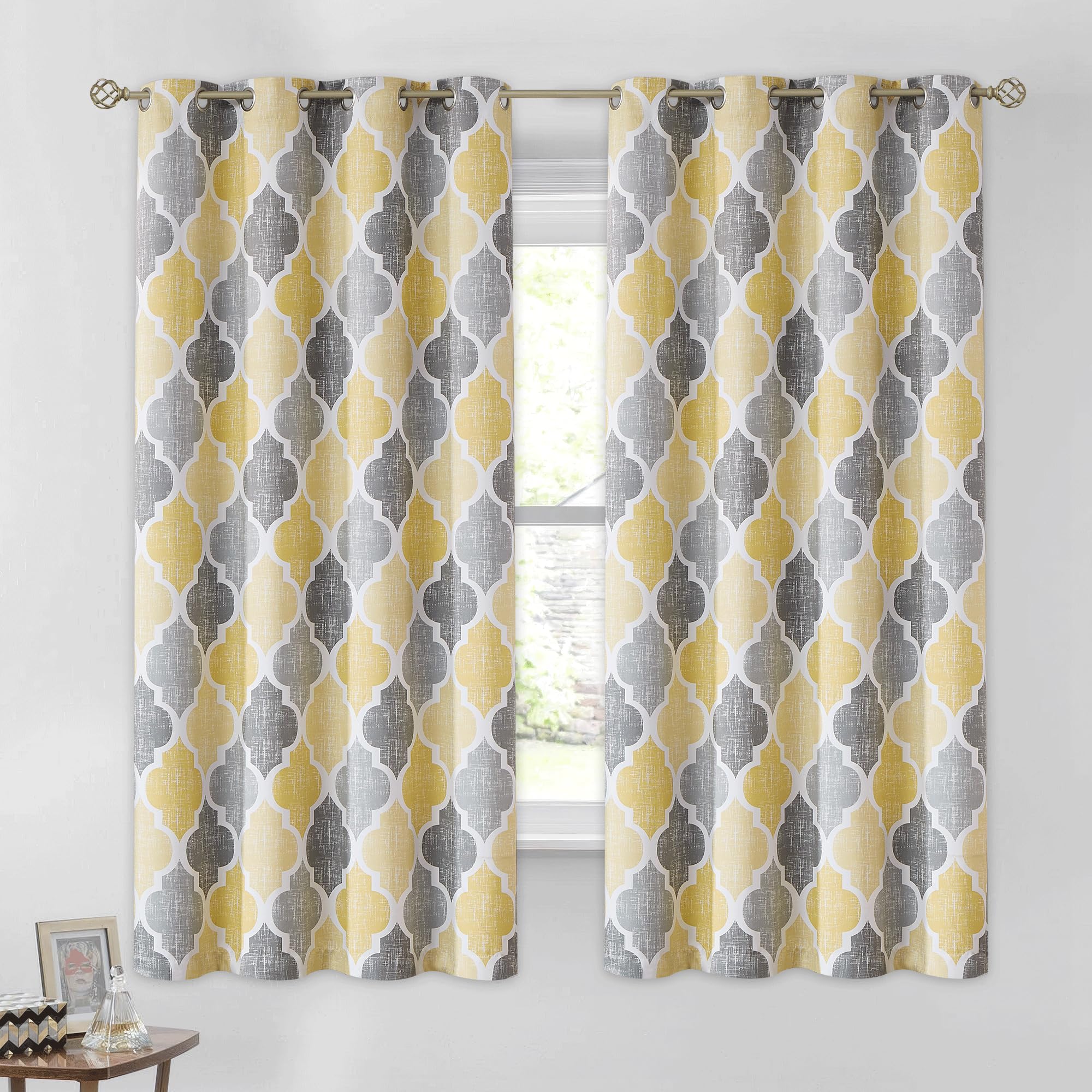 Beauoop 100% Blackout Curtains 63 Inches Long 2 Panels for Bedroom Living Room Yellow Grey Moroccan Geo Room Darkening Thermal I