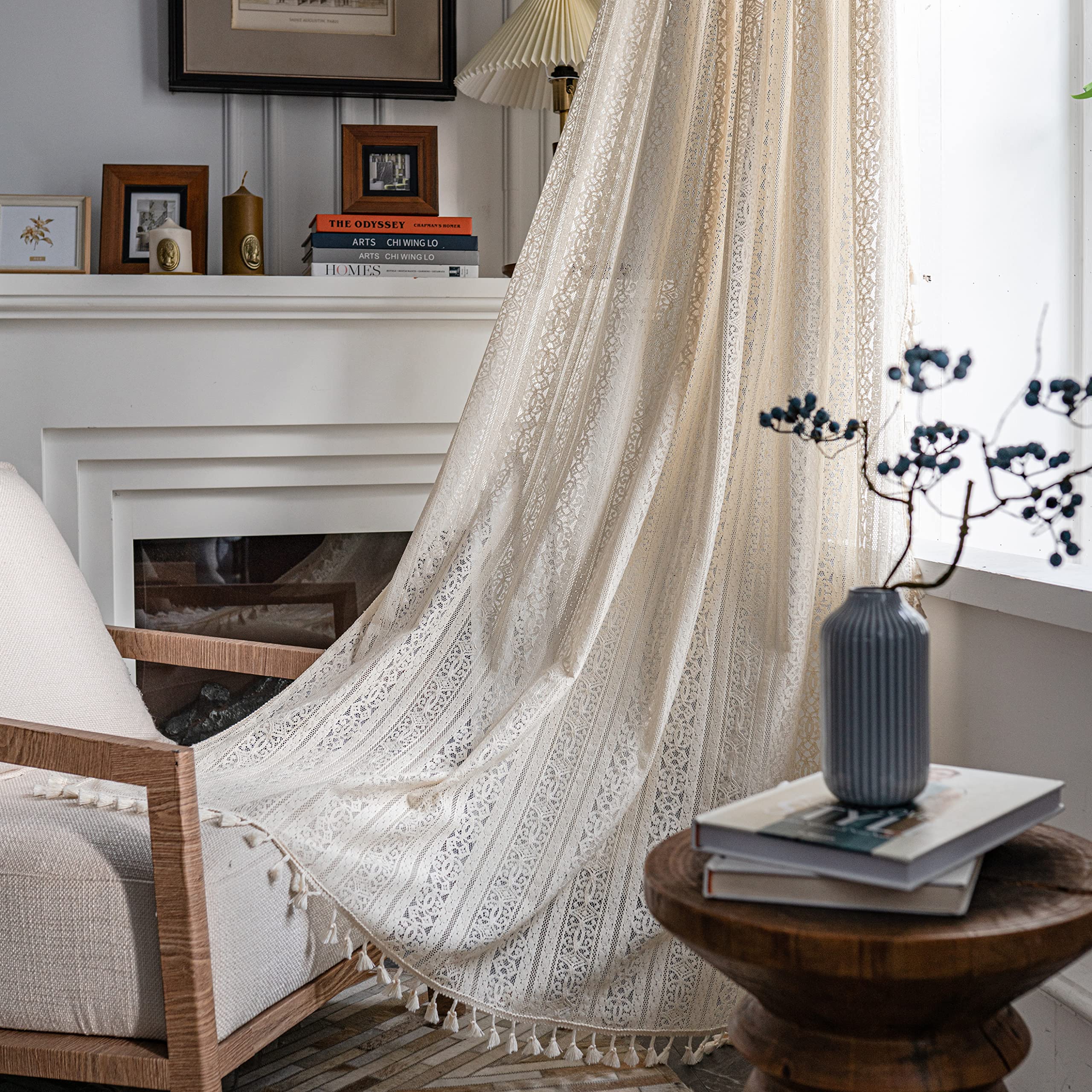 Sutuo Home Boho Curtain Crochet Lace Semi-Sheer Florals Hollow Knitted Handmade Tassels, Rod Pocket Window Treatment Vintage Rus