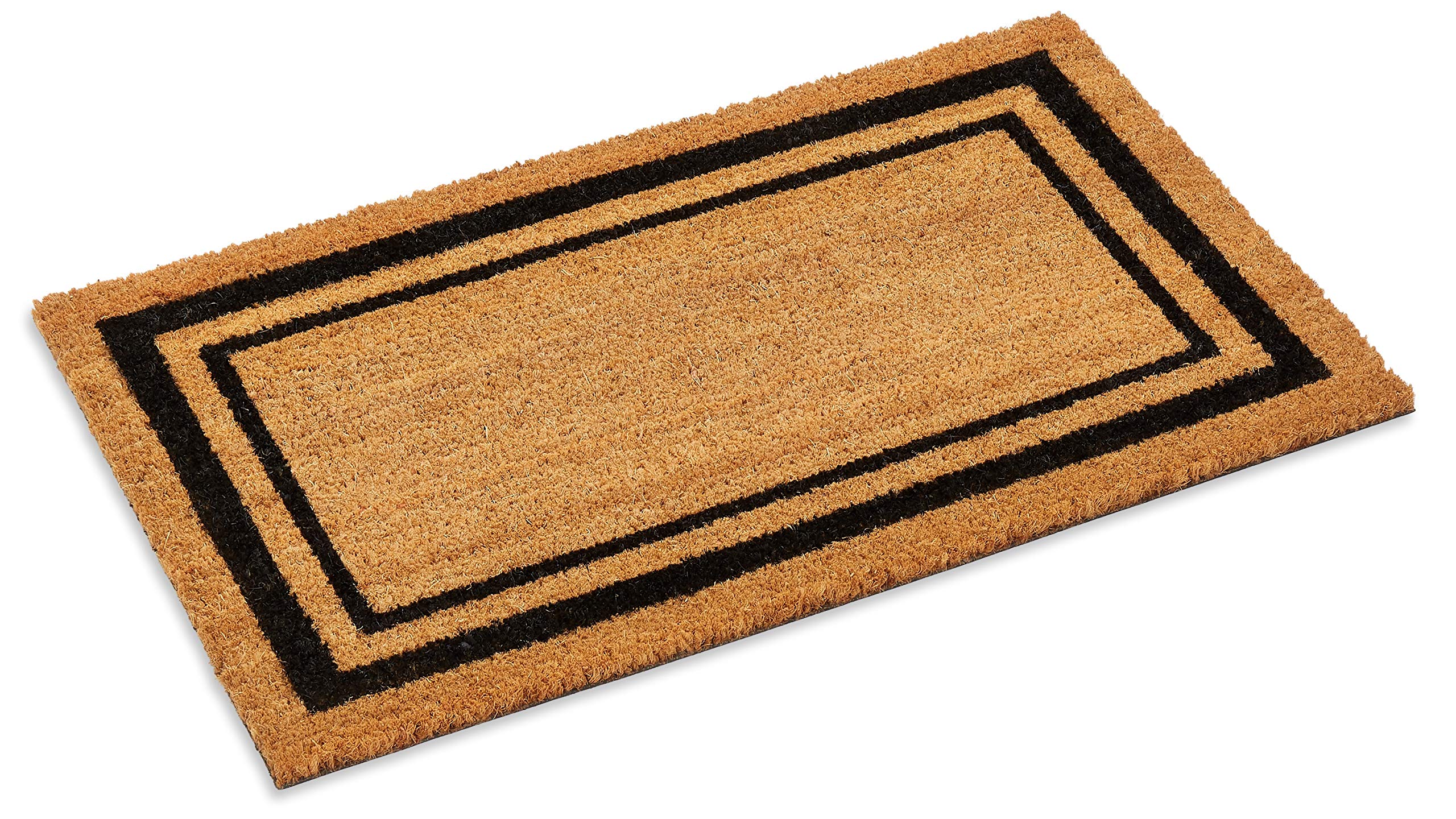 Kempf Black Border Coco Coir Door Mat - Welcome Mat with Non Slip Backing, Heavy Duty Outdoor Indoor for Front Door Entrance, En