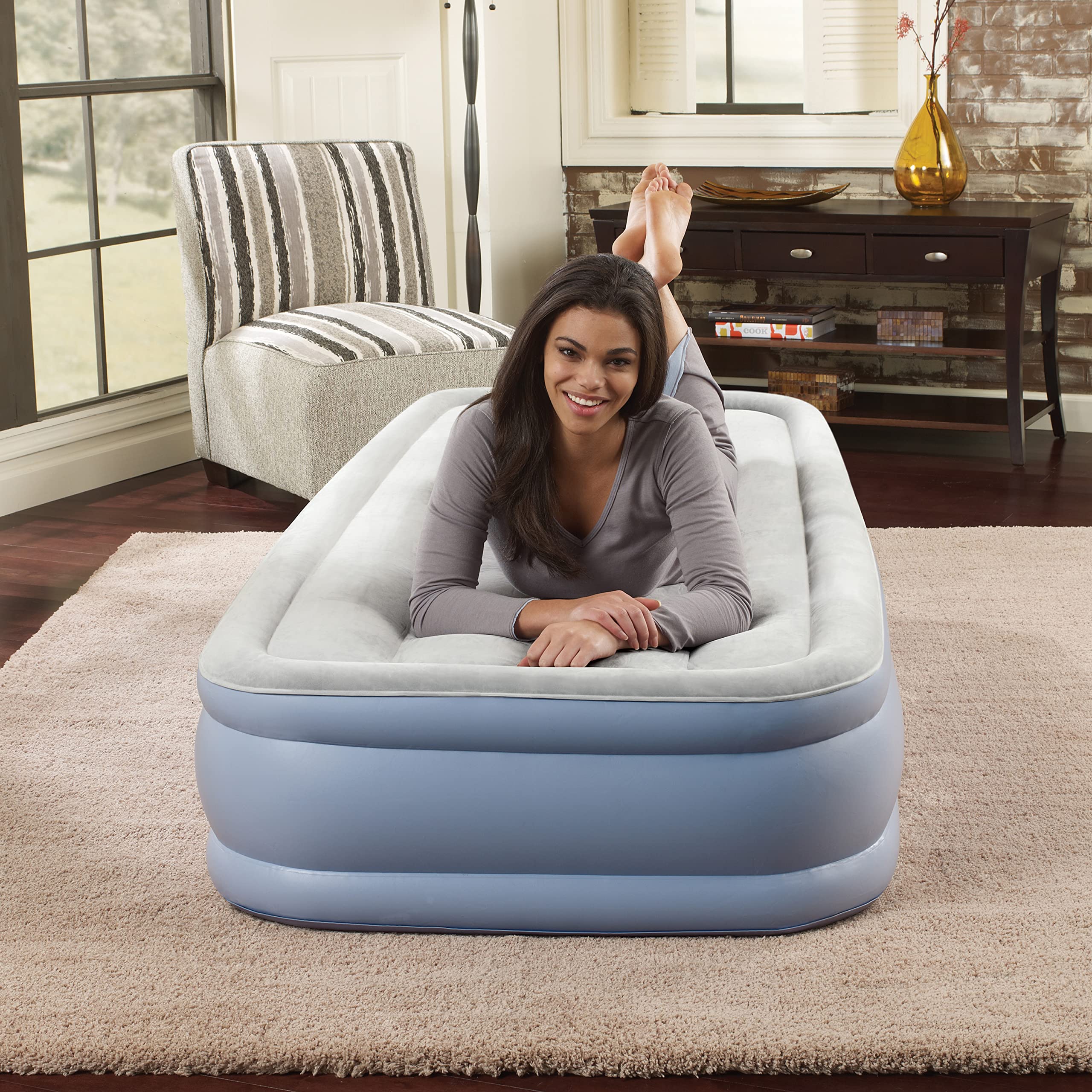 Beautyrest Hi-Loft Inflatable Mattress: Raised-Profile Air Bed with External Pump, Twin, Grey/White