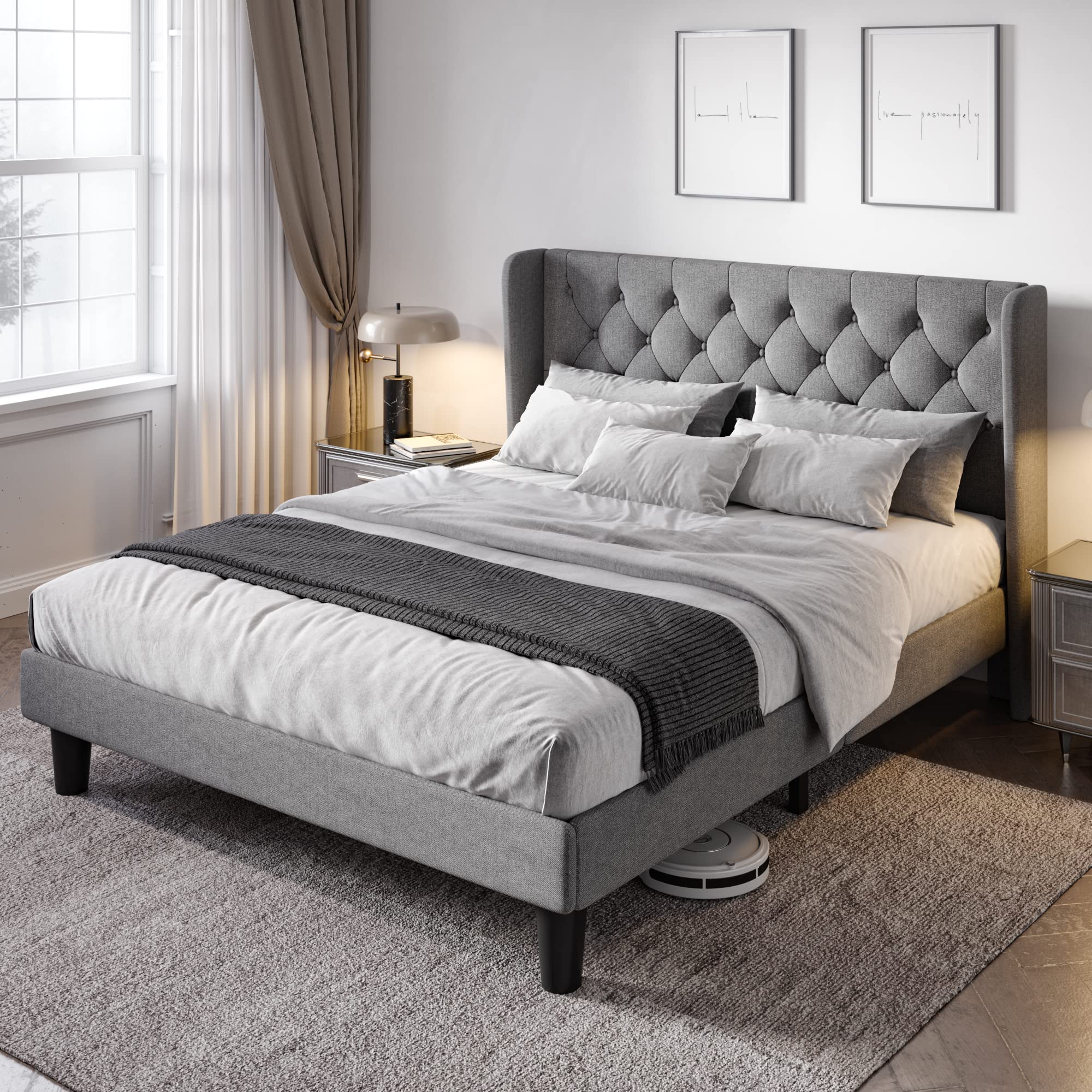 Allewie Full Size Bed Frame with Button Tufted Wingback Headboard, Modern Fabric Upholstered Platform Bed Frame with Strong Wood