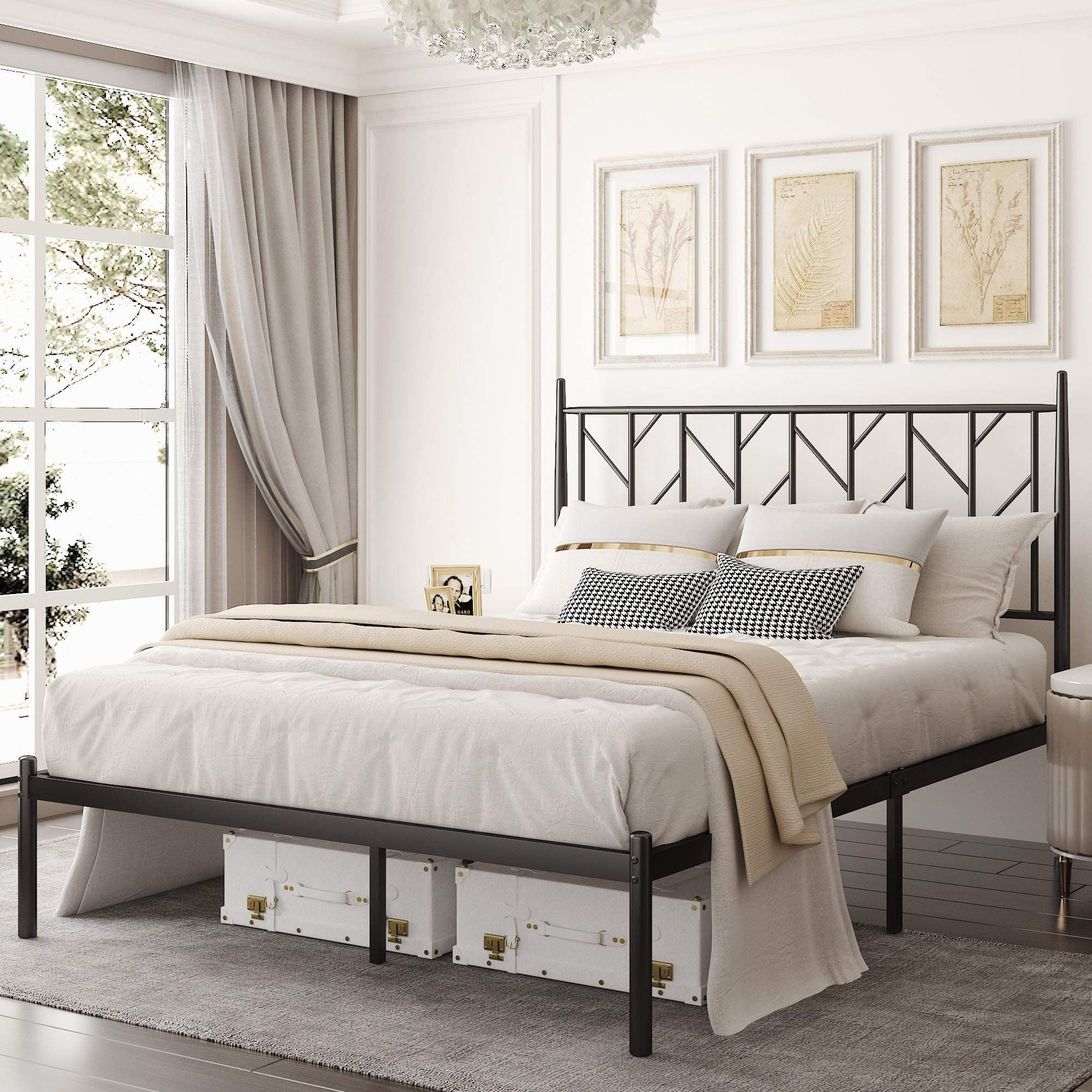 Allewie Full Size Platform Bed Frame with Vintage Headboard, 14 Inches Metal Mattress Foundation for Storage, No Box Spring Need
