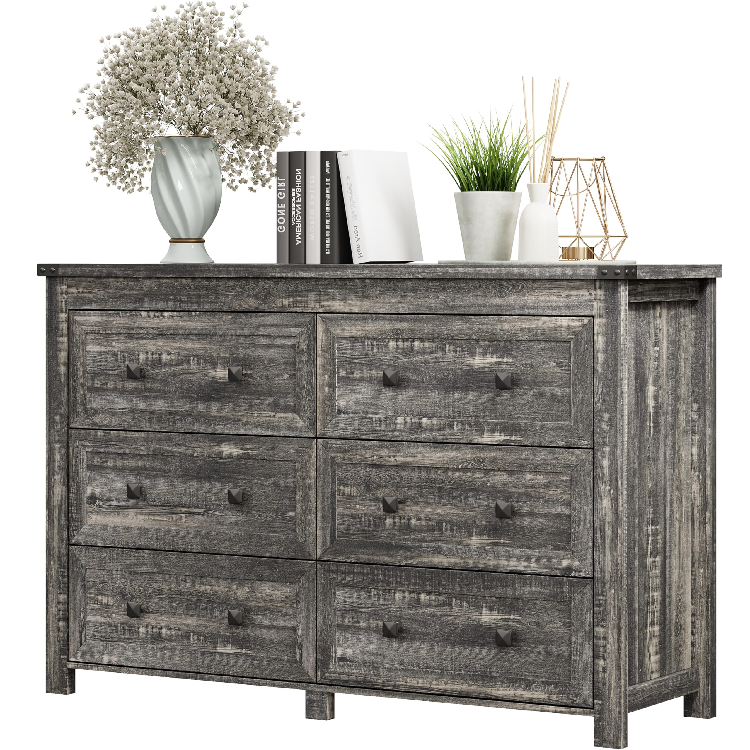 6 Drawer Dresser for Bedroom, Farmhouse Wood Chest of Drawers, Wide TV Stand Closet Storage Furniture with Metal Handle, Modern 