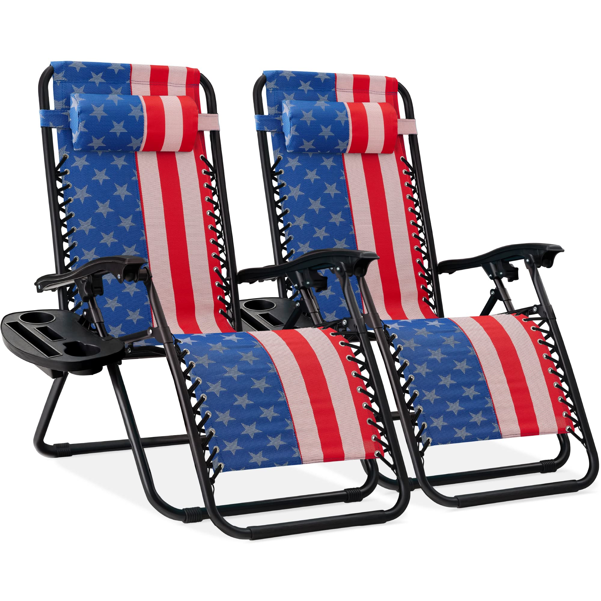 Best Choice Products Set of 2 Adjustable Steel Mesh Zero Gravity Lounge Chair Recliners w/Pillows and Cup Holder Trays - America